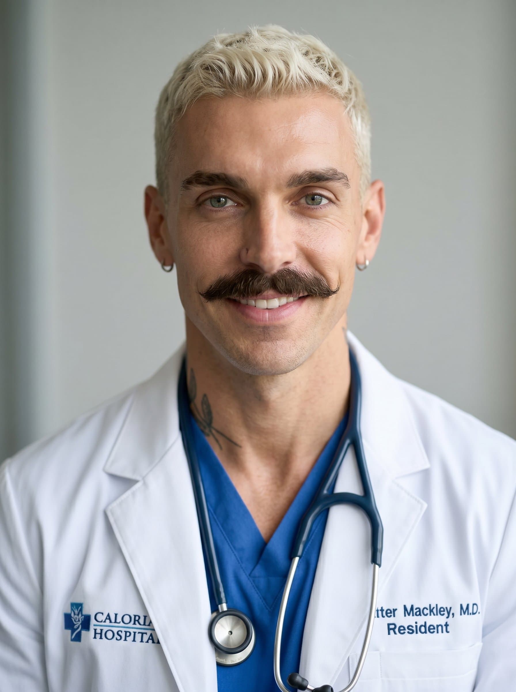 Produce a photorealistic headshot of a medical resident, featuring a confident and approachable expression. The white coat and neutral backdrop highlight their professional demeanor, perfect for career advancements.