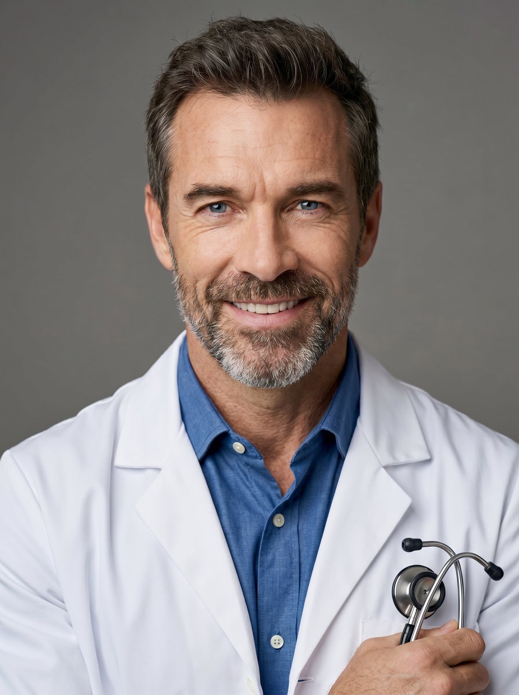 Craft a photorealistic headshot of a young medical resident, in a white coat. Capture an approachable yet professional expression, with a simple, neutral background to keep the focus on their confident presence.