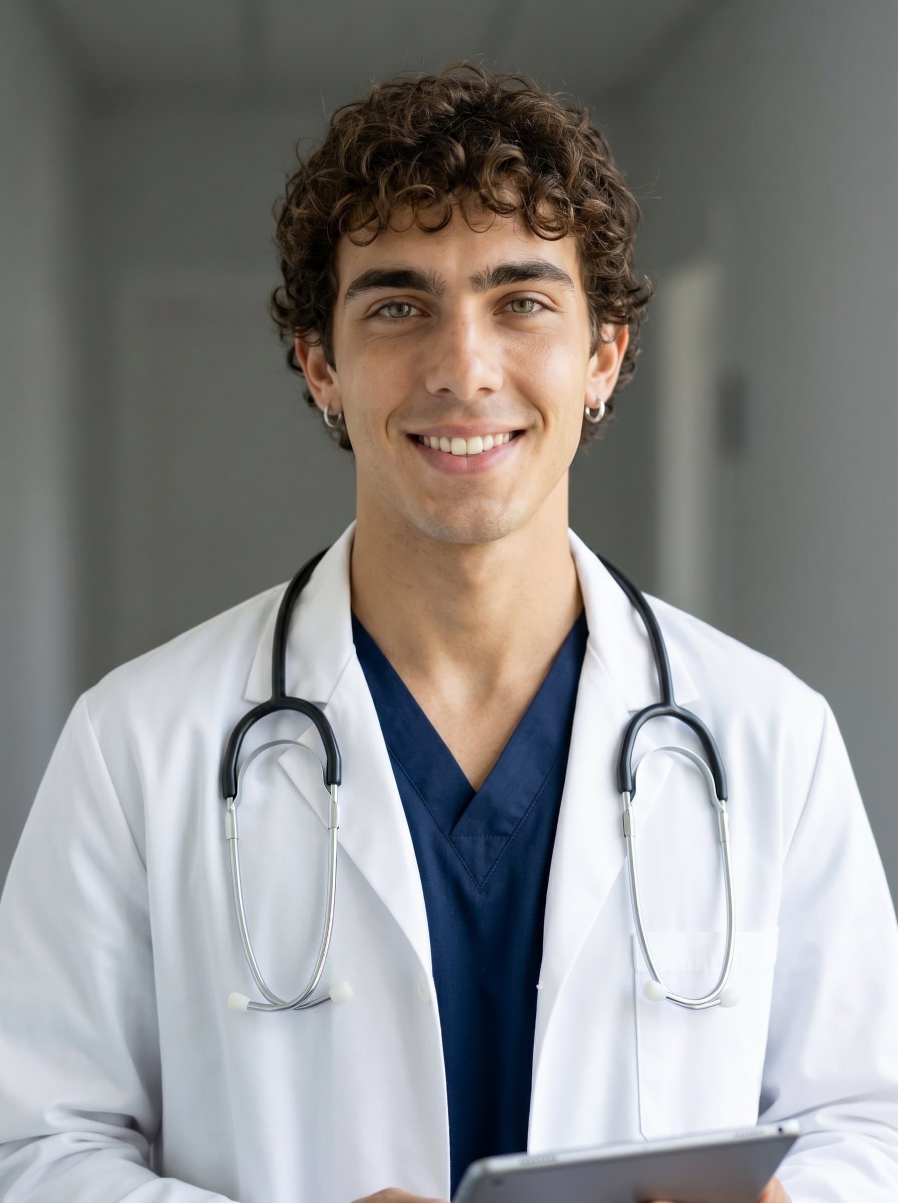 Craft a photorealistic image of showcasing a medical resident in a white coat. The neutral background helps spotlight their confident, trustworthy expression, ideal for professional profiles.