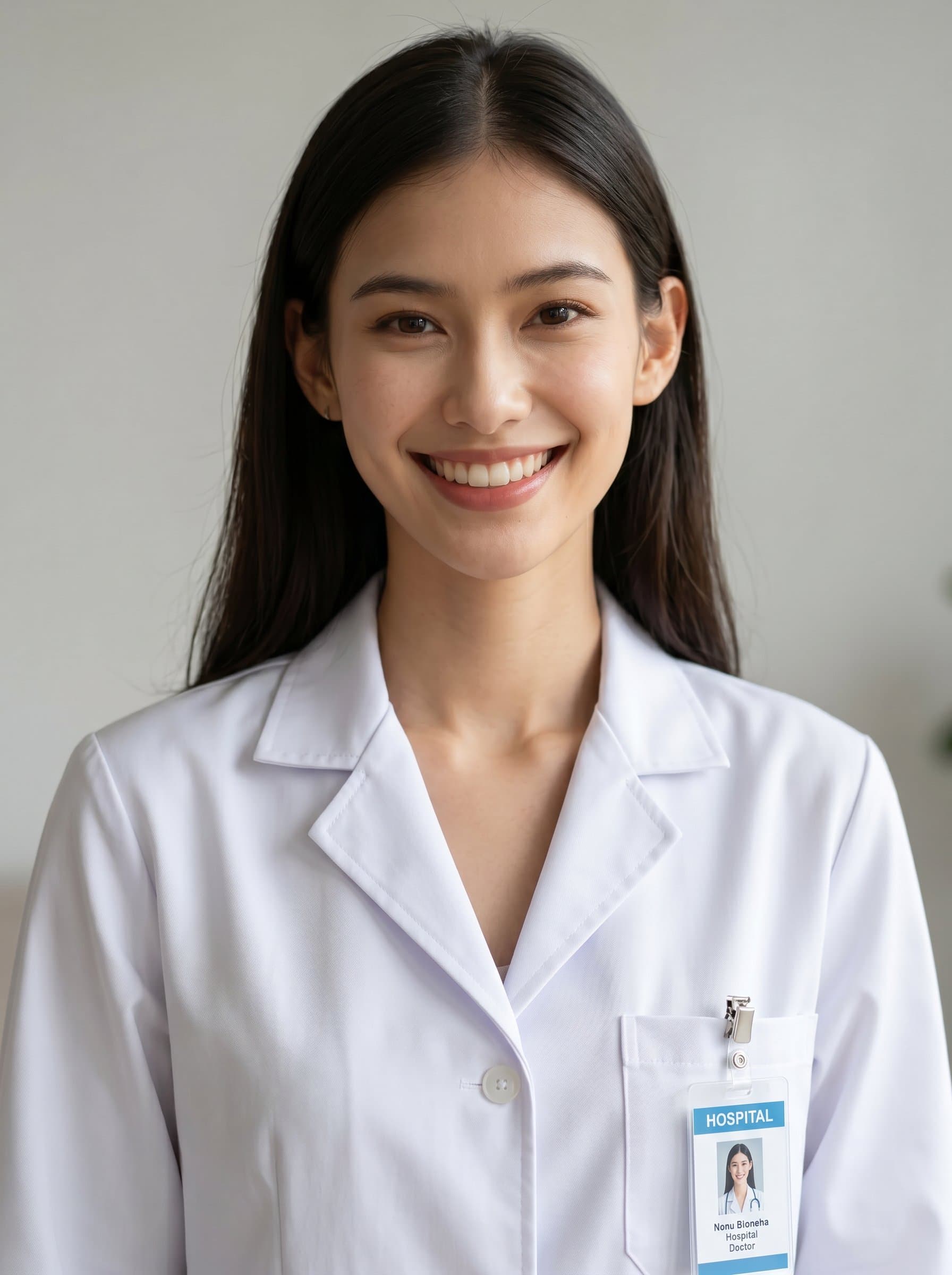 Design a photorealistic headshot of showcasing a confident medical resident in a crisp white coat. Use a subtle, neutral background to enhance their approachable and professional appearance.