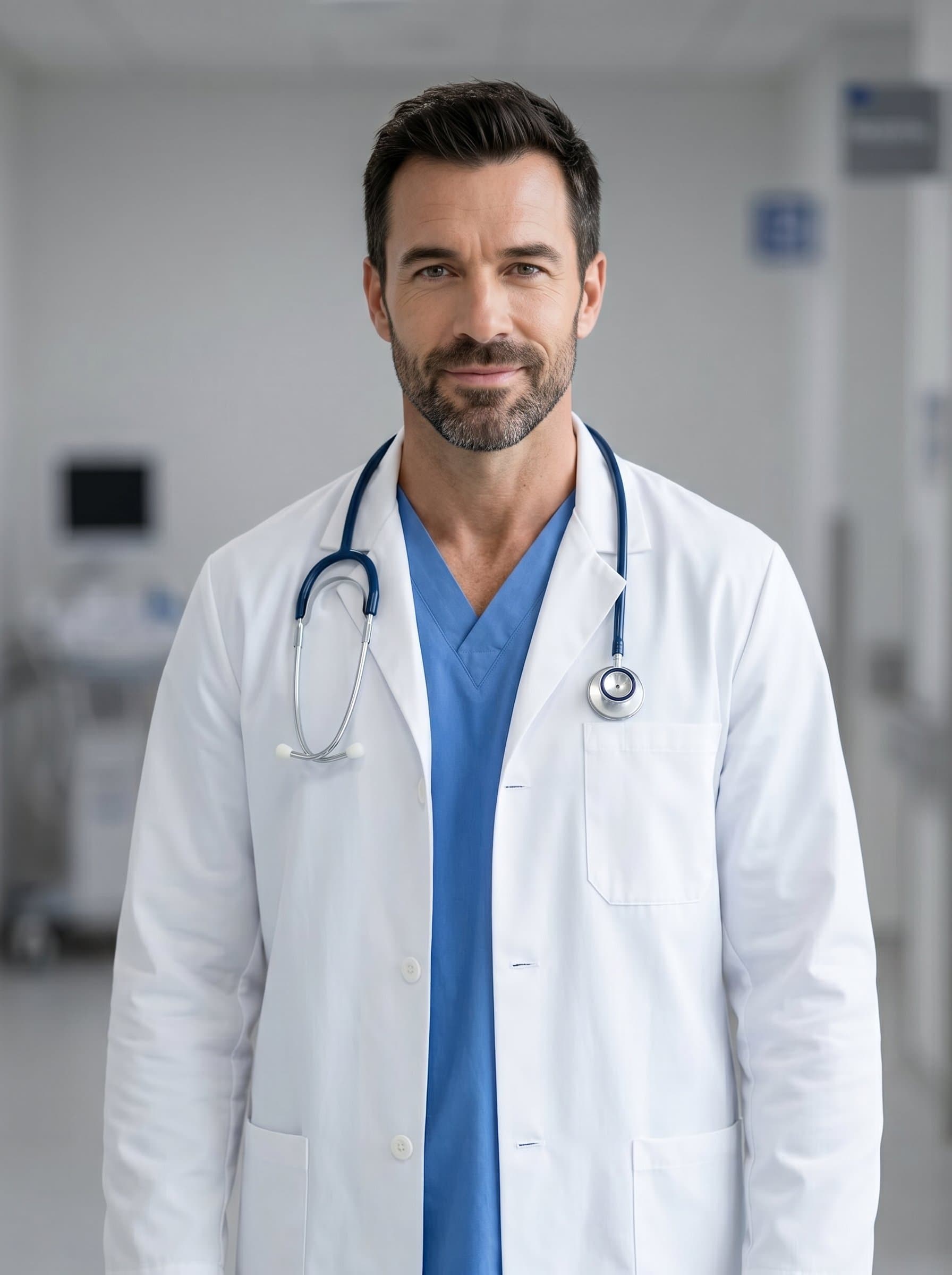 Produce a photorealistic image portraying a young medical resident, in a pristine white coat. The neutral backdrop highlights their confident yet approachable expression, perfect for professional use.