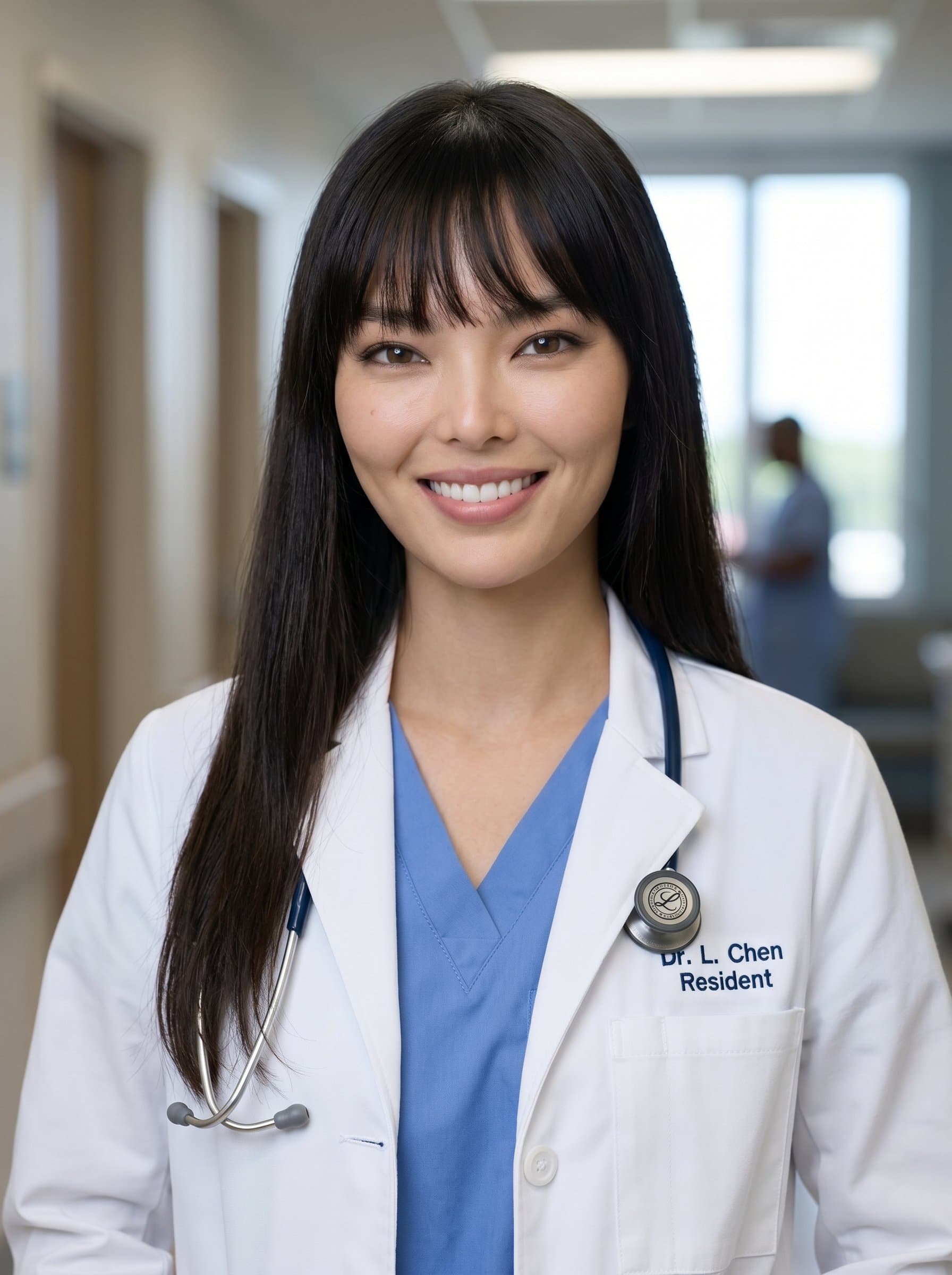 Design a photorealistic headshot of a medical resident, with a confident expression. The white coat and subtle, neutral background foster a sense of professionalism and approachability.