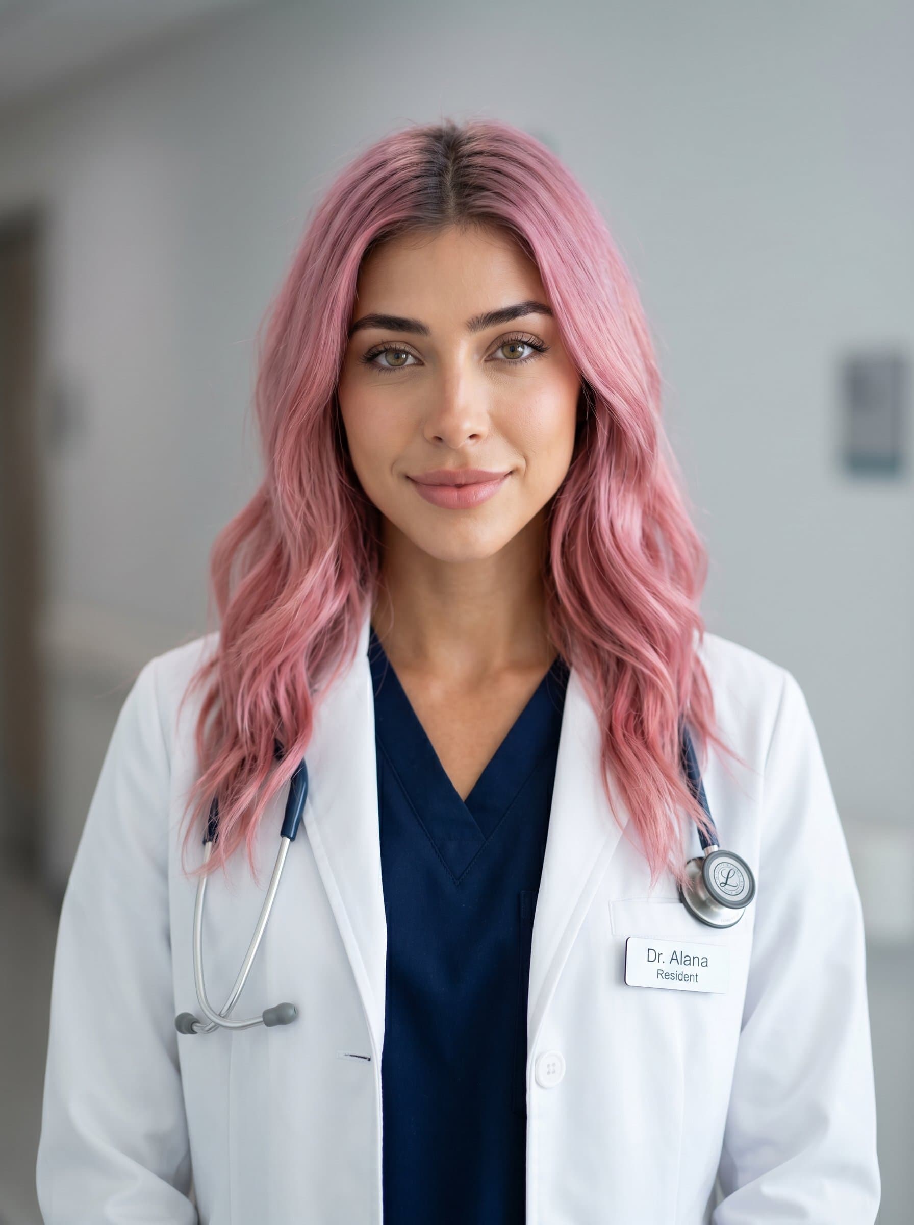 Craft a photorealistic portrait of a dedicated medical resident. The white coat and neutral background emphasize their professional and approachable nature, suitable for online professional profiles.