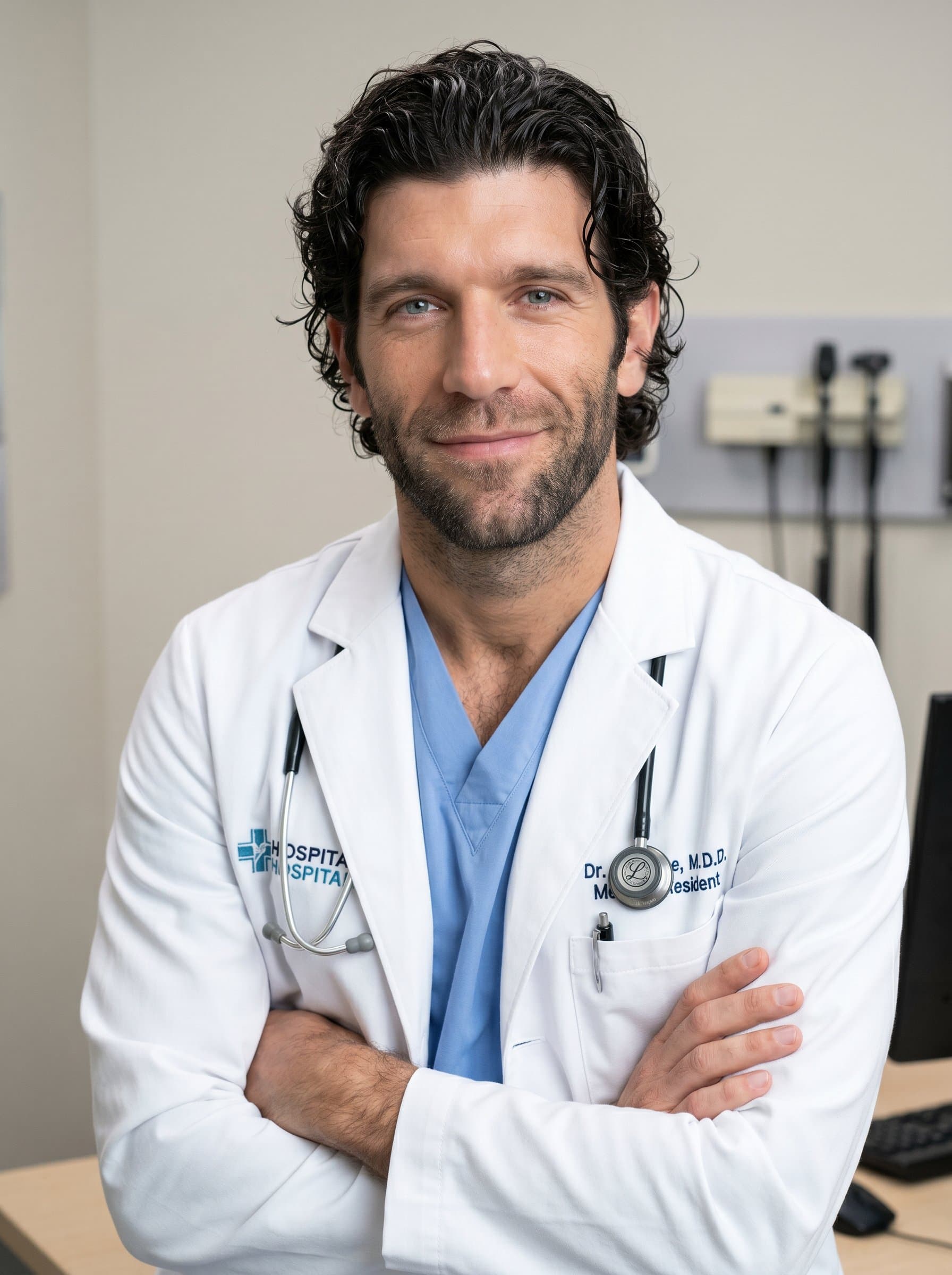 Create a photorealistic image of a medical resident, in a classic white coat. The expression should balance confidence and warmth, set against a neutral backdrop for a professional online presence.