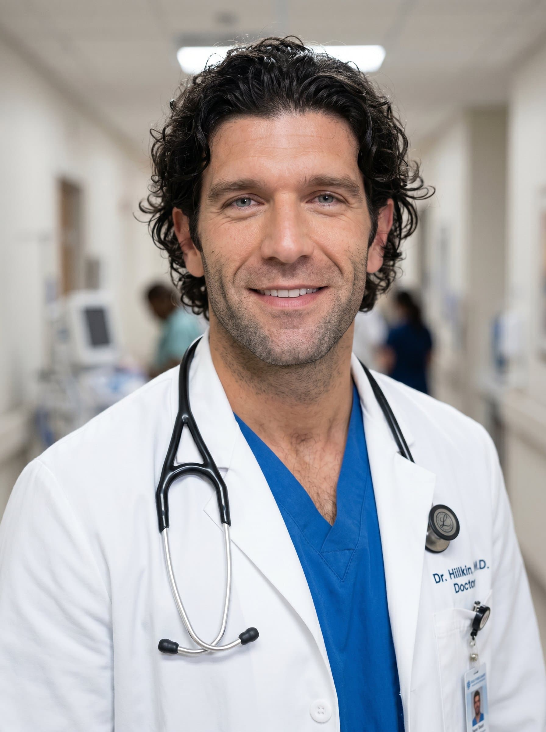 Generate a photorealistic image of showcasing a medical resident in a traditional white coat. Use a neutral background to enhance their confident, approachable expression, ideal for a professional setting.