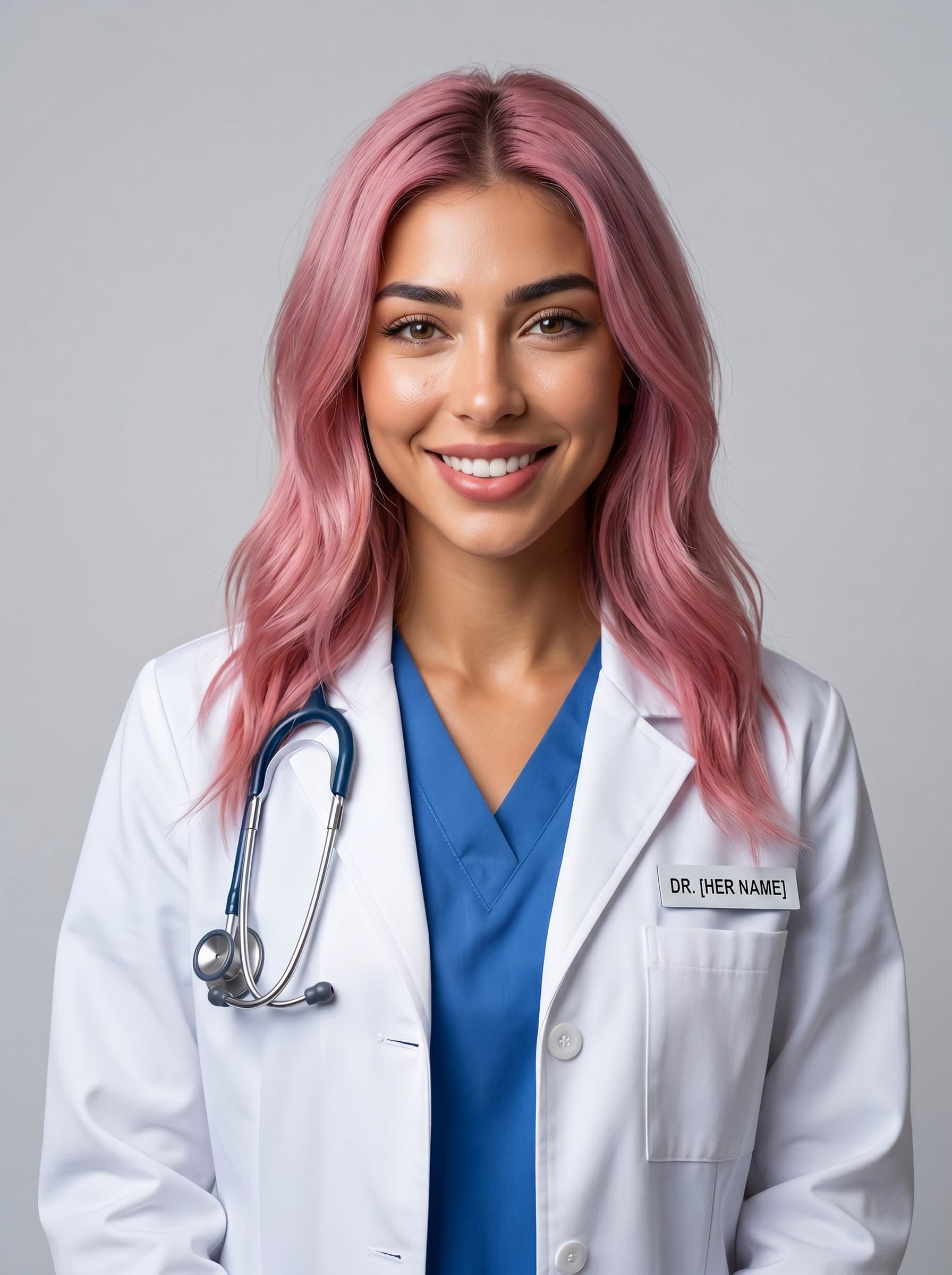 Produce a photorealistic AI headshot of a medical resident, in a white coat. Capture an expression of confidence and warmth, framed by a neutral backdrop for a polished professional look.