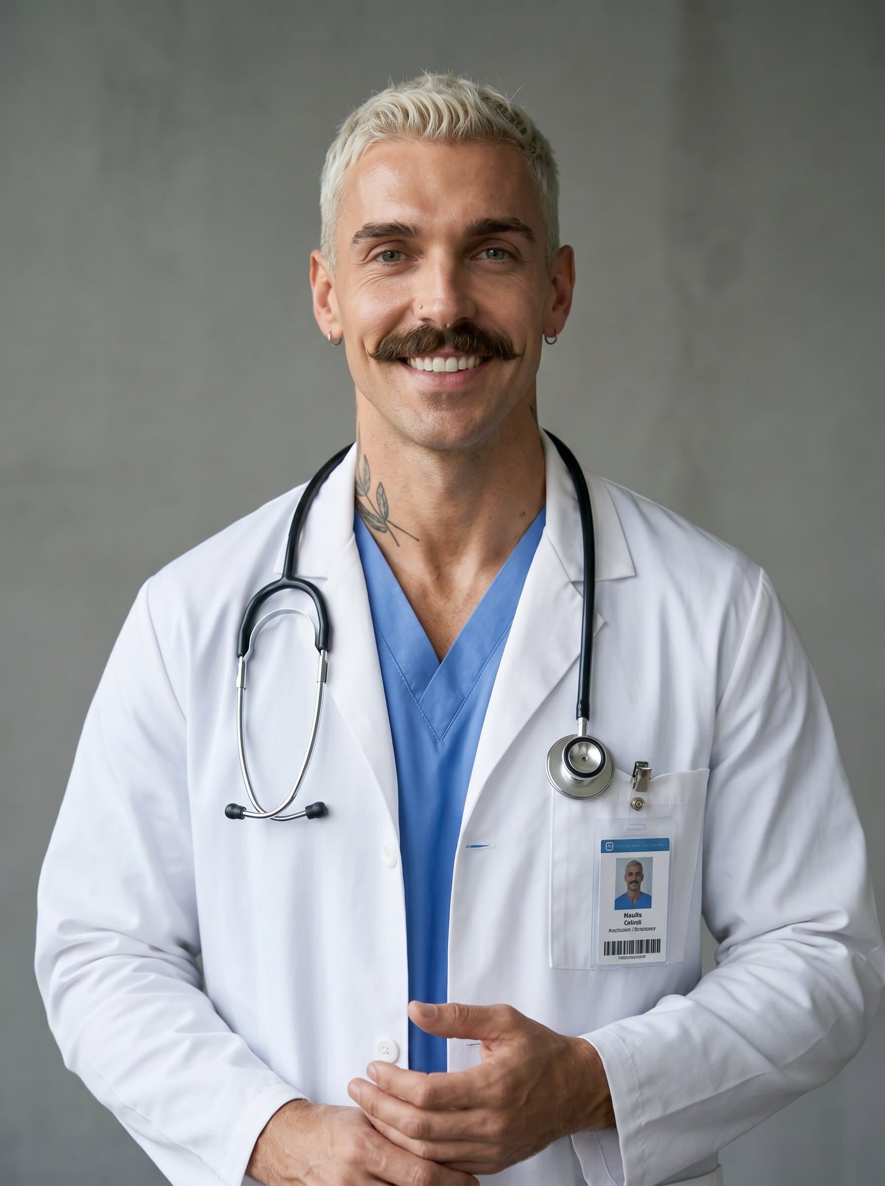 Create a photorealistic portrait featuring a young medical resident, wearing a white coat. The neutral background highlights their poised and friendly demeanor, ensuring a professional and approachable image.