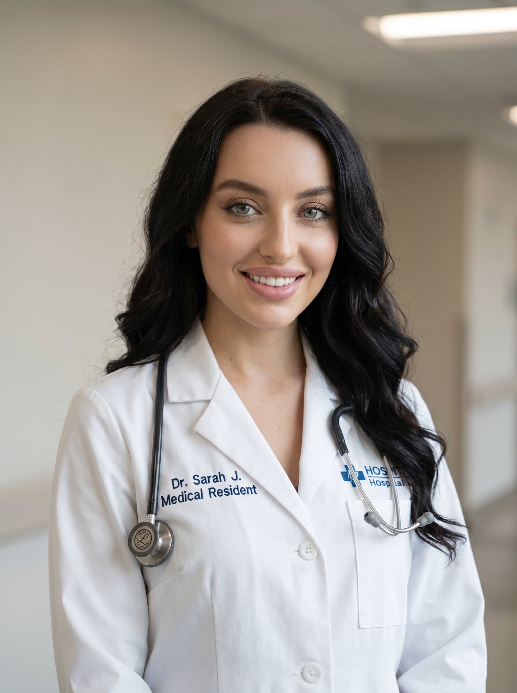 Produce a photorealistic AI portrait of wearing a traditional white coat. Ensure the background is neutral to maintain attention on their professional, approachable demeanor, highlighting their role as a medical resident.