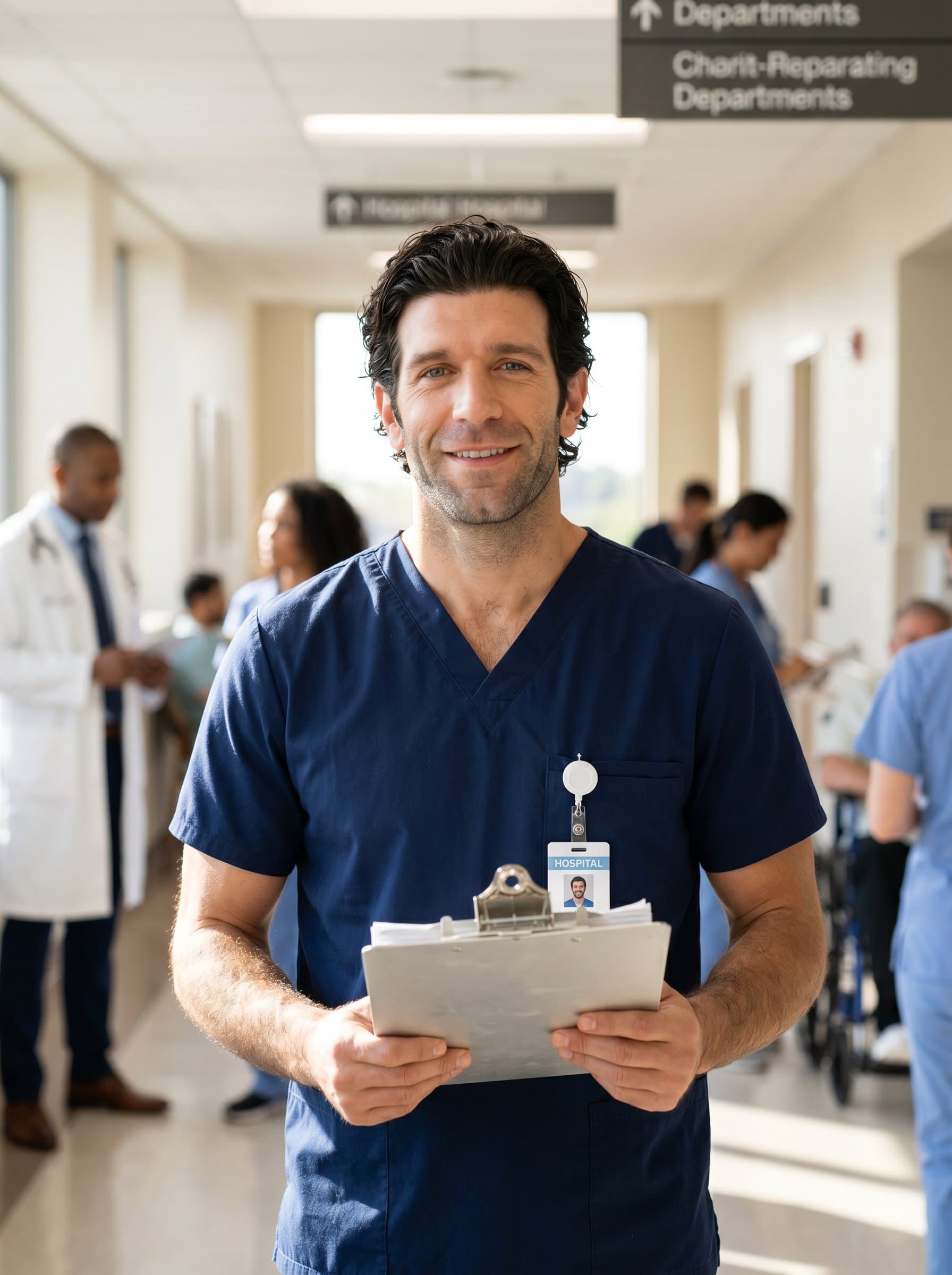 In a hospital corridor, a residency candidate, stands poised with a medical clipboard, wearing scrubs and a friendly expression, natural lighting enhancing their approachable demeanor, symbolizing readiness for medical challenges.