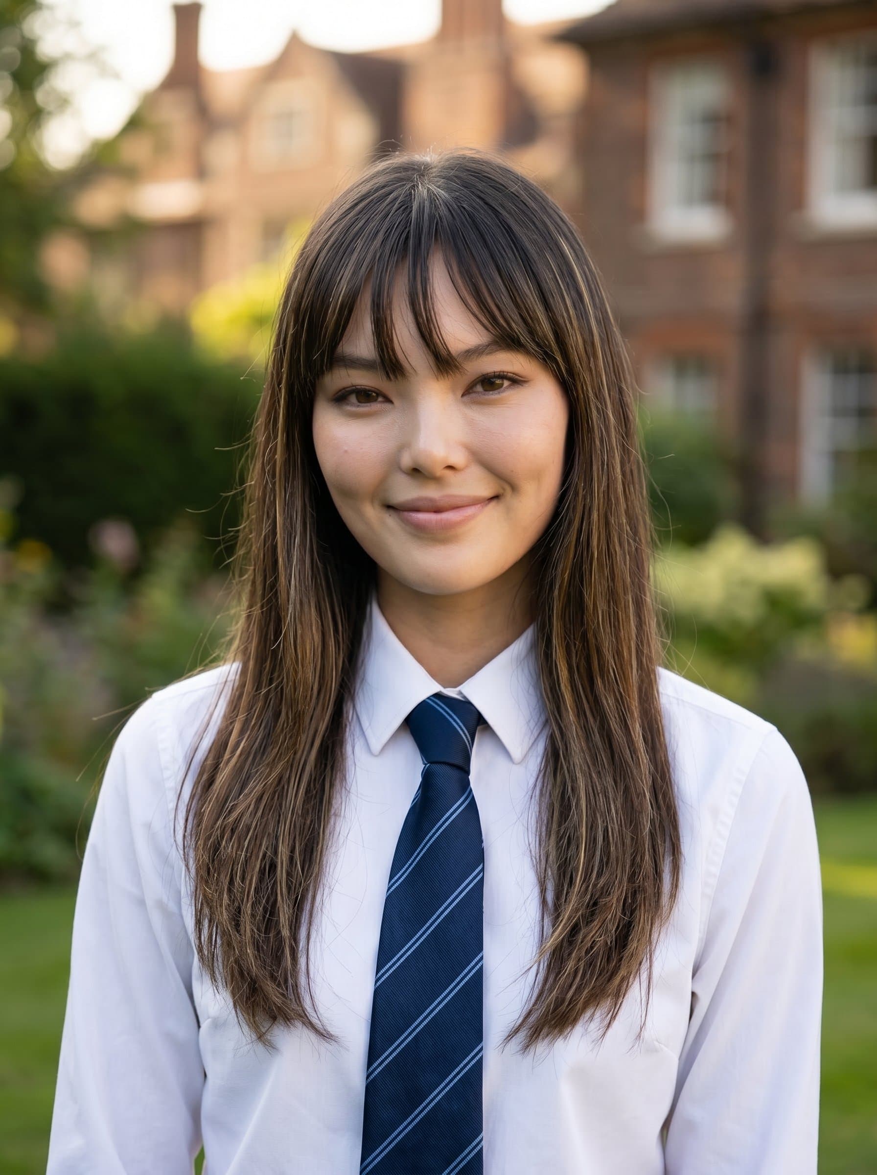 is photographed outdoors in soft natural light, dressed in a formal shirt and tie, conveying professionalism and approachability, with a subtle smile, suitable for a medical residency application.