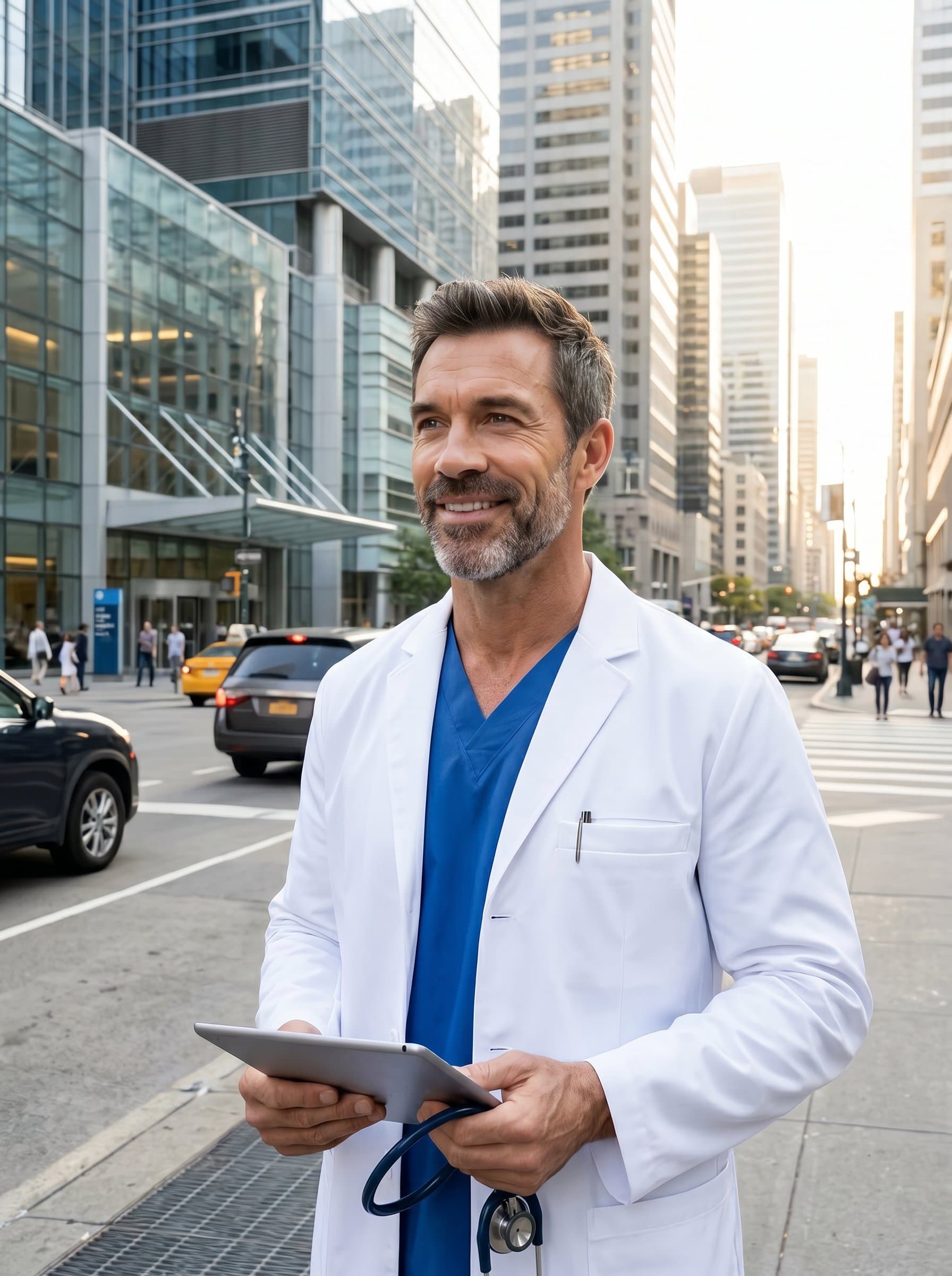 In a dynamic city setting, is depicted in a white coat, embodying modern medical professionalism, capturing both their dedication to healthcare and their vibrant, forward-thinking attitude.