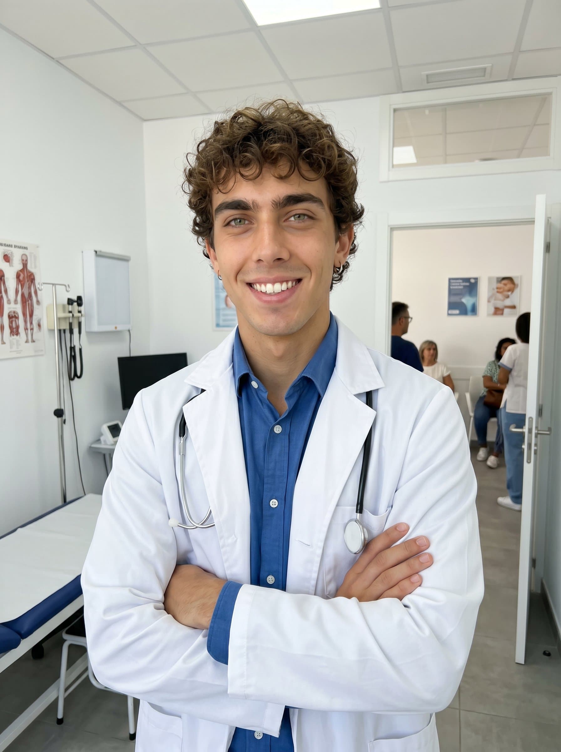 stands in a modern medical office, wearing a professional blouse and white coat, arms crossed, conveying confidence and compassion, with a bright, welcoming smile that reflects their dedication to patient care.