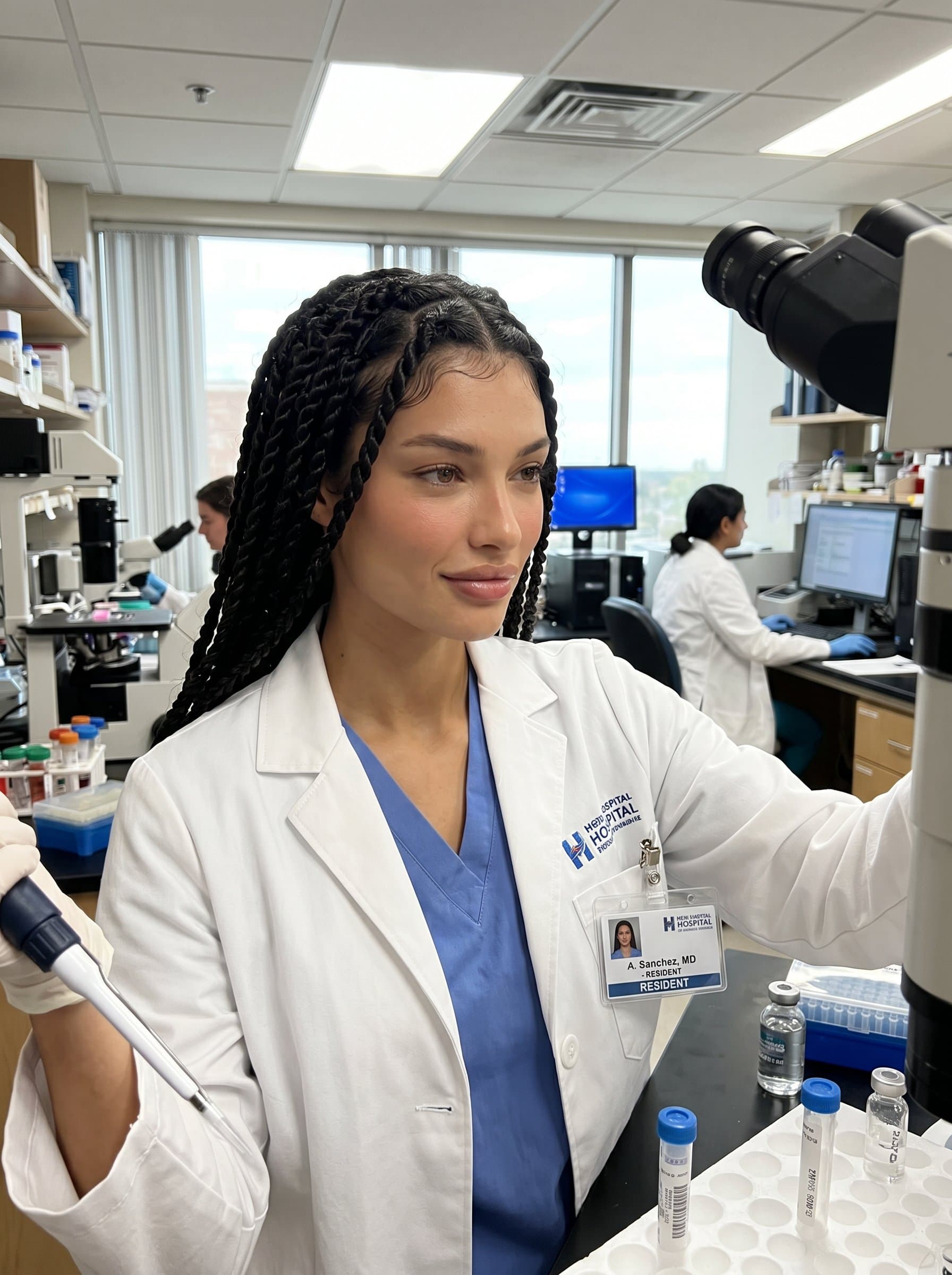 A close-up of in a professional medical lab environment, focused on their expression of determination and passion for healthcare, wearing a lab coat with an ID badge, hinting at their readiness for residency.