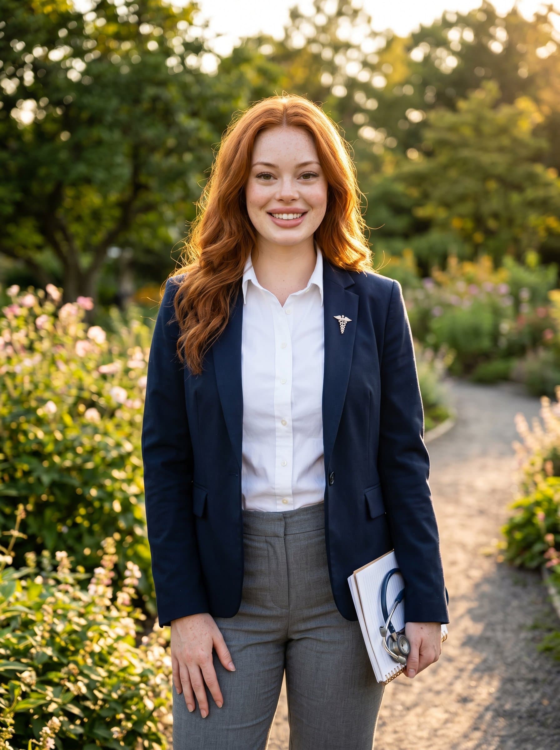A natural setting envelops who is dressed in semi-formal attire, projecting an image of balance between professional competence and personal warmth, essential traits for a future medical resident.