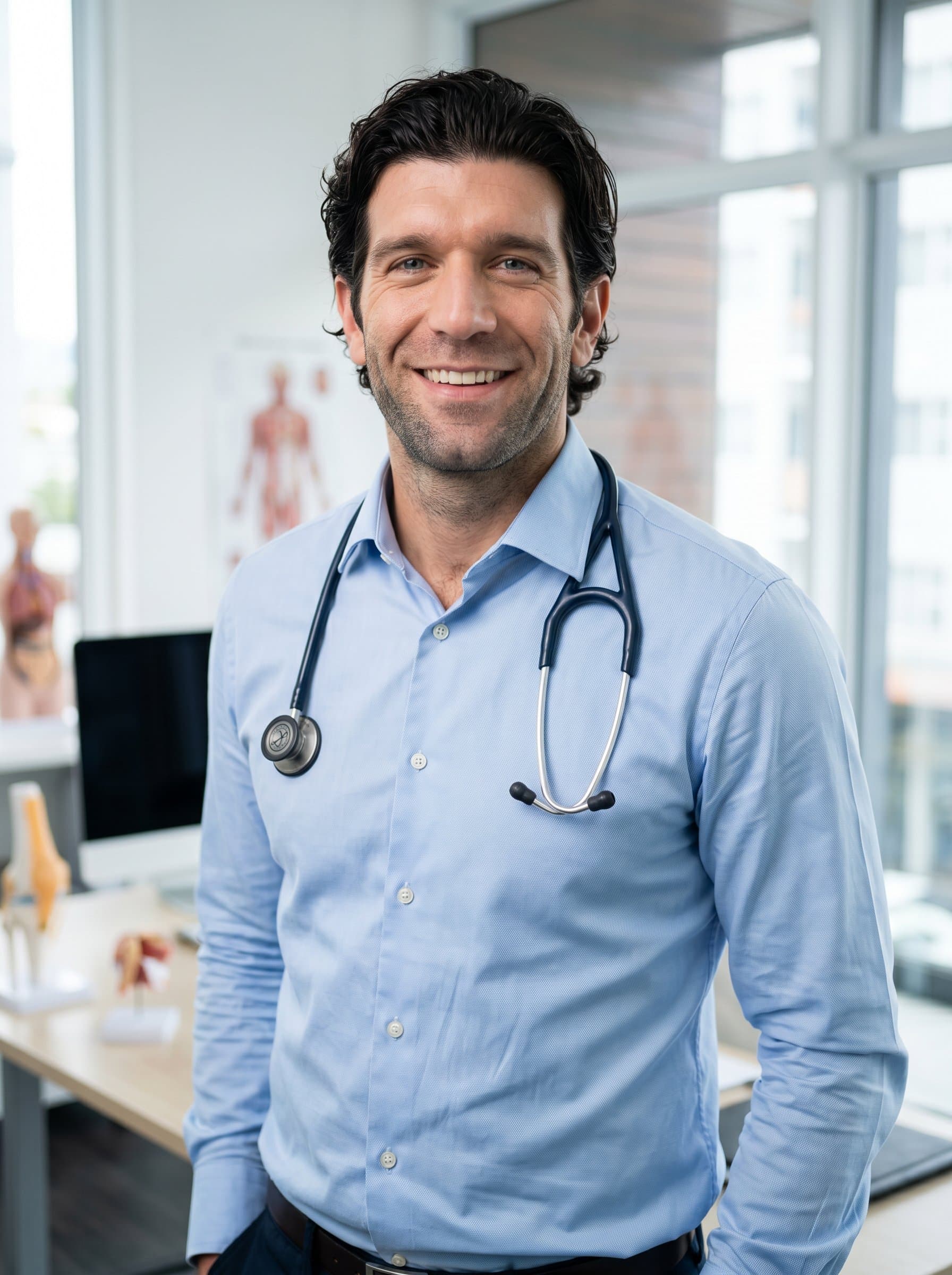 Relaxed and confident, is photographed in a modern office space, wearing a neatly pressed shirt, their open and friendly expression inviting trust and conveying their readiness for a medical career.