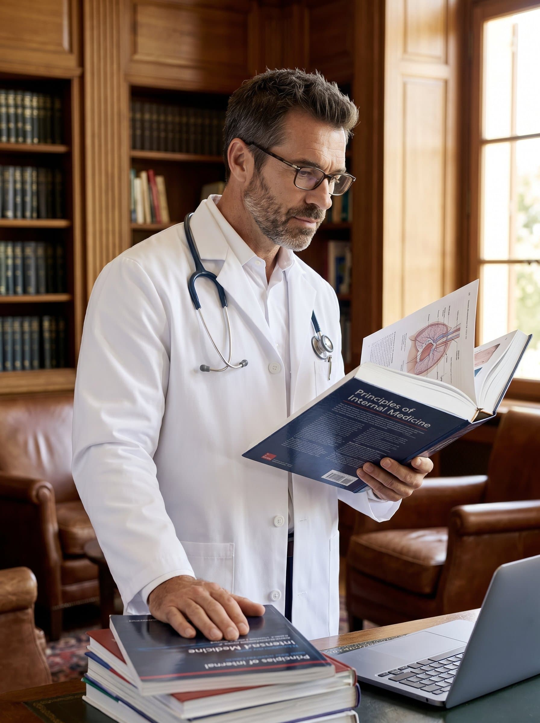 in an elegant indoor setting, dressed in a white coat and holding a medical textbook, reflects a theme of continuous learning and adaptability, vital for thriving in a residency environment.