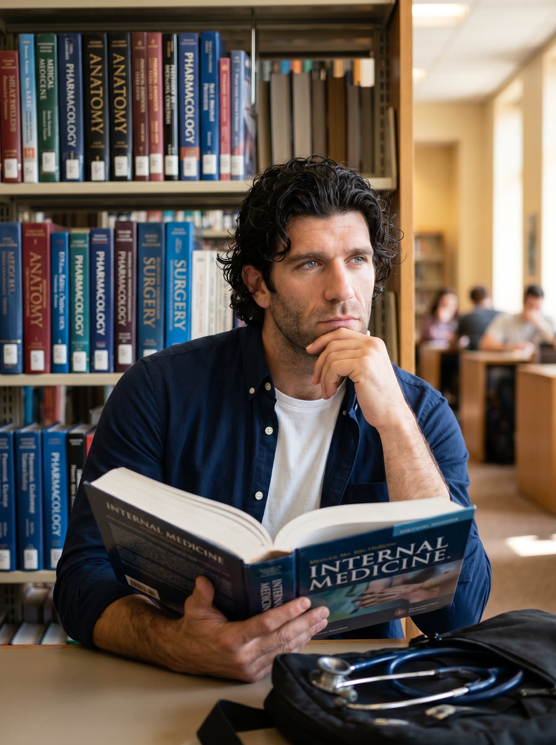 is captured in a library setting, surrounded by medical books, wearing casual but professional attire, with a thoughtful expression that conveys a lifelong commitment to learning and patient care.