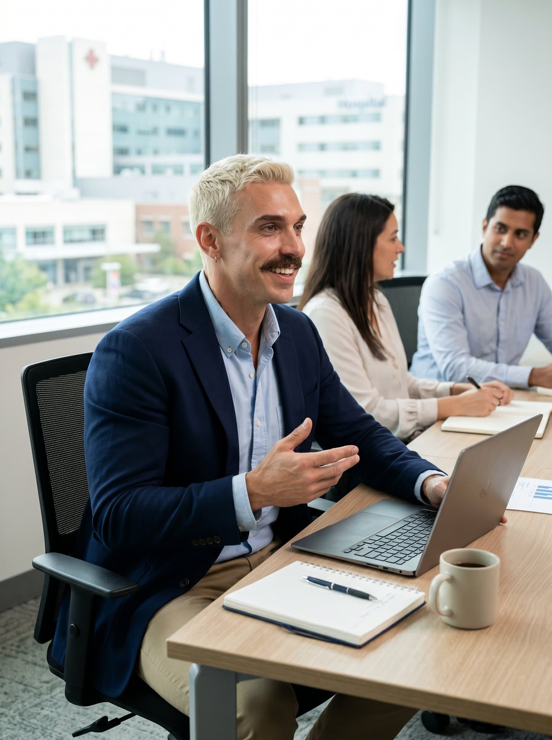 In a conference room setting, seated at a table with a laptop, dressed in business casual attire, conveys a sense of collaboration and leadership potential, key traits for a successful residency.