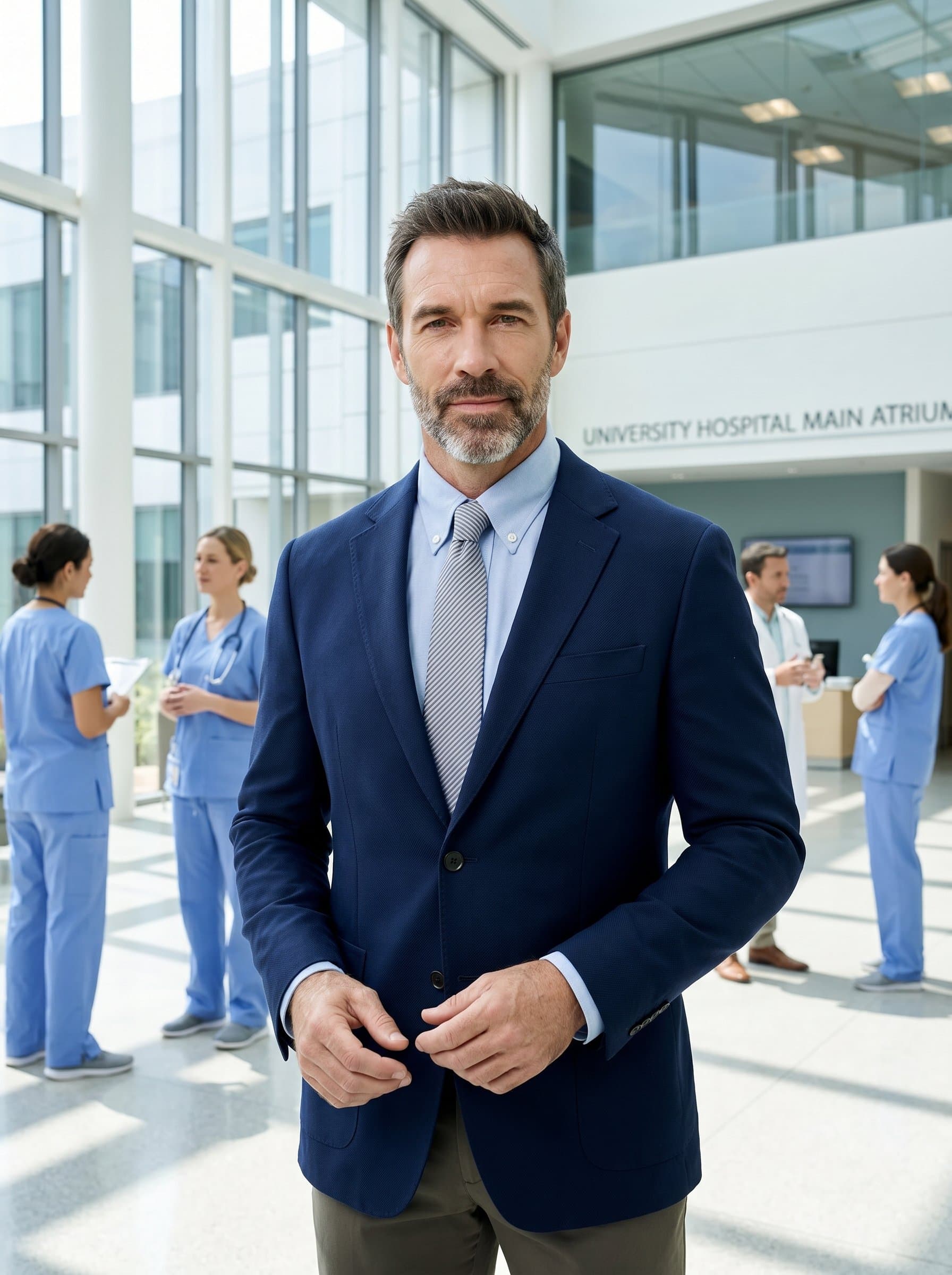 stands in a well-lit atrium, wearing a classic blazer, their calm demeanor and confident posture exuding an air of professionalism and readiness for the next step in their medical career.