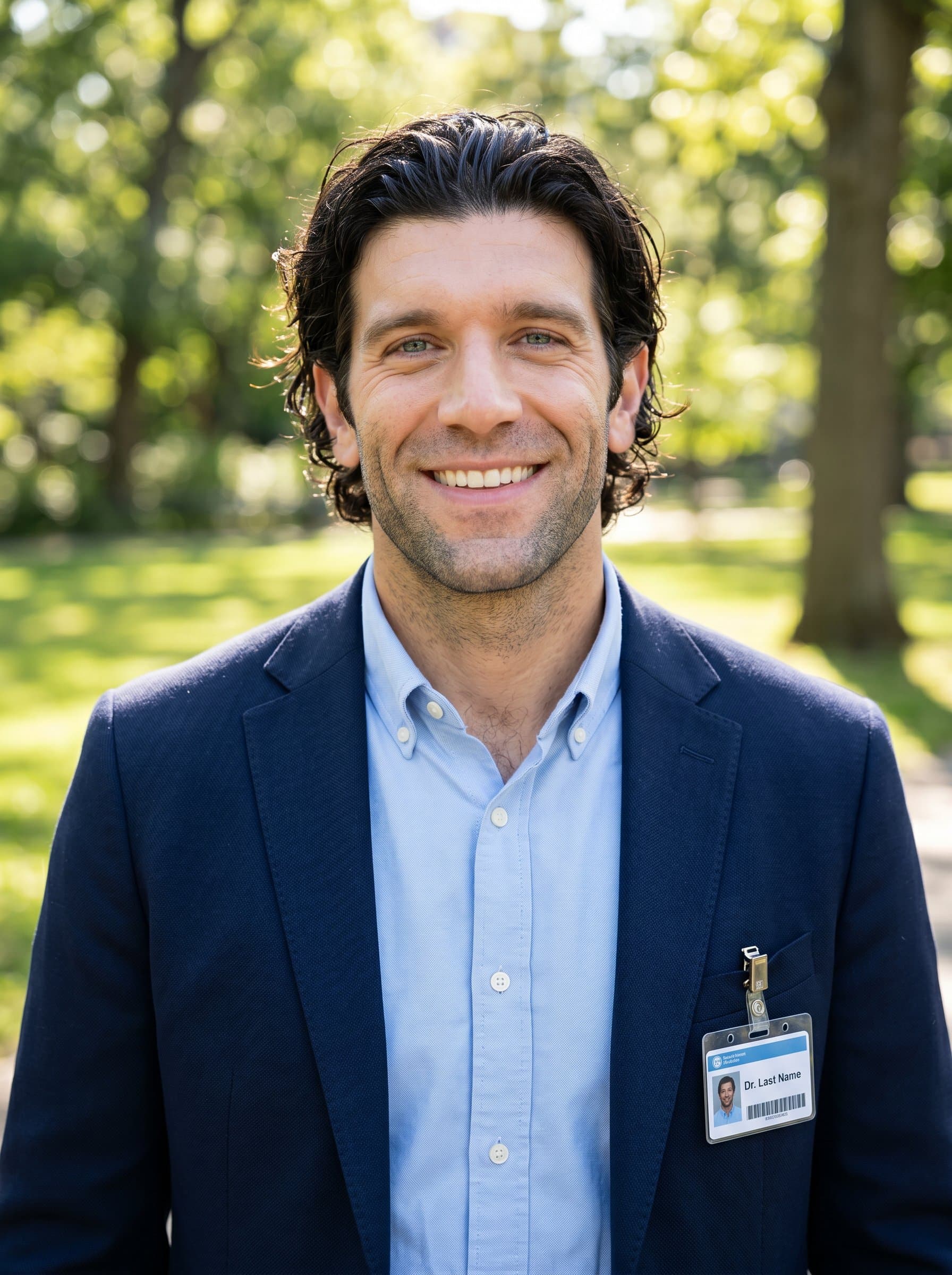 is depicted in a sunlit park, dressed in a smart-casual manner, with a gentle smile that suggests a balance of personal warmth and medical professionalism, ideal for a residency application headshot.