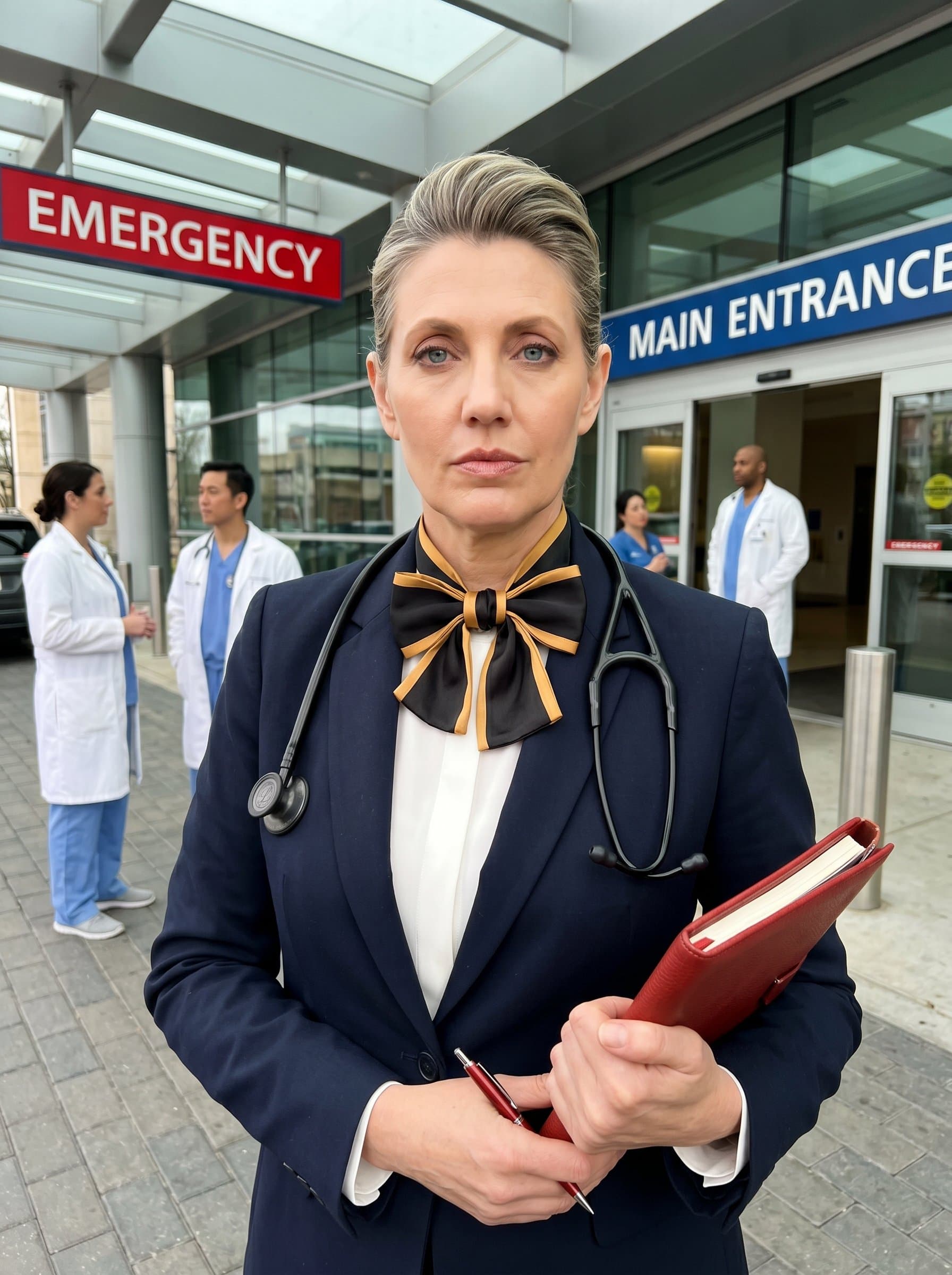 posing in front of a hospital building, dressed in formal attire with a stethoscope, portraying an image of dedication and readiness for the challenges of a medical residency.