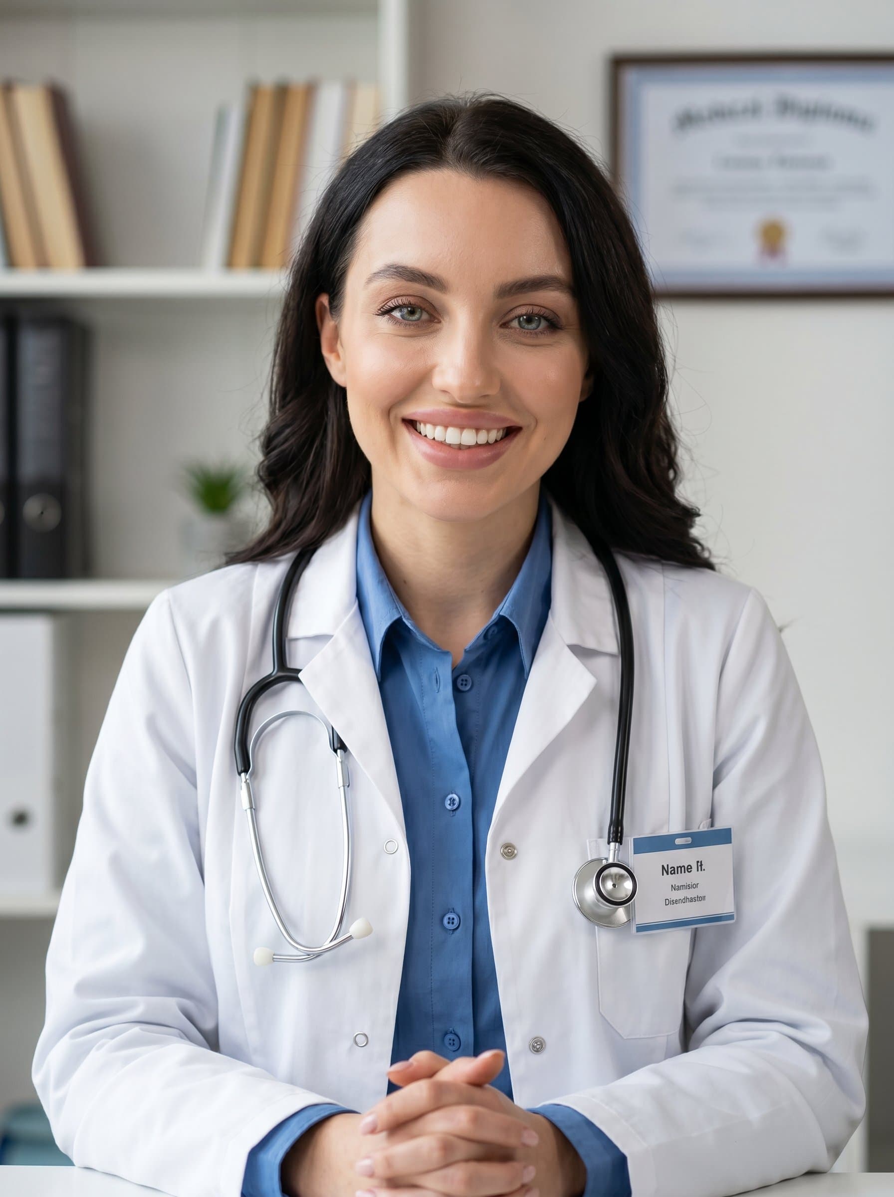 A studio shot of with a gentle, approachable expression. They are dressed in a sharp, professional outfit, emphasizing their suitability and enthusiasm for a medical residency.