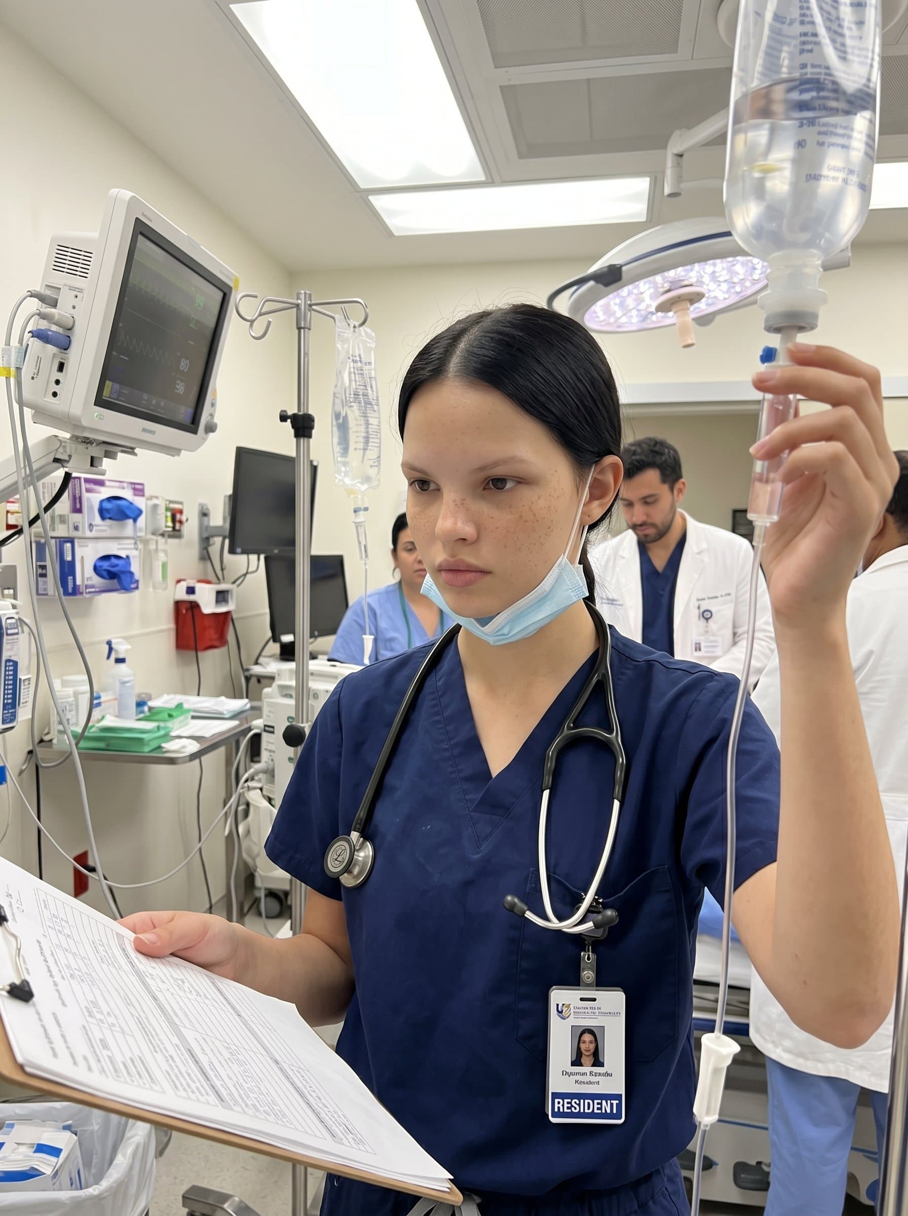 is seen working in a clinical environment, surrounded by medical equipment, dressed in scrubs with a focused expression, reflecting their hands-on experience and suitability for a residency program.