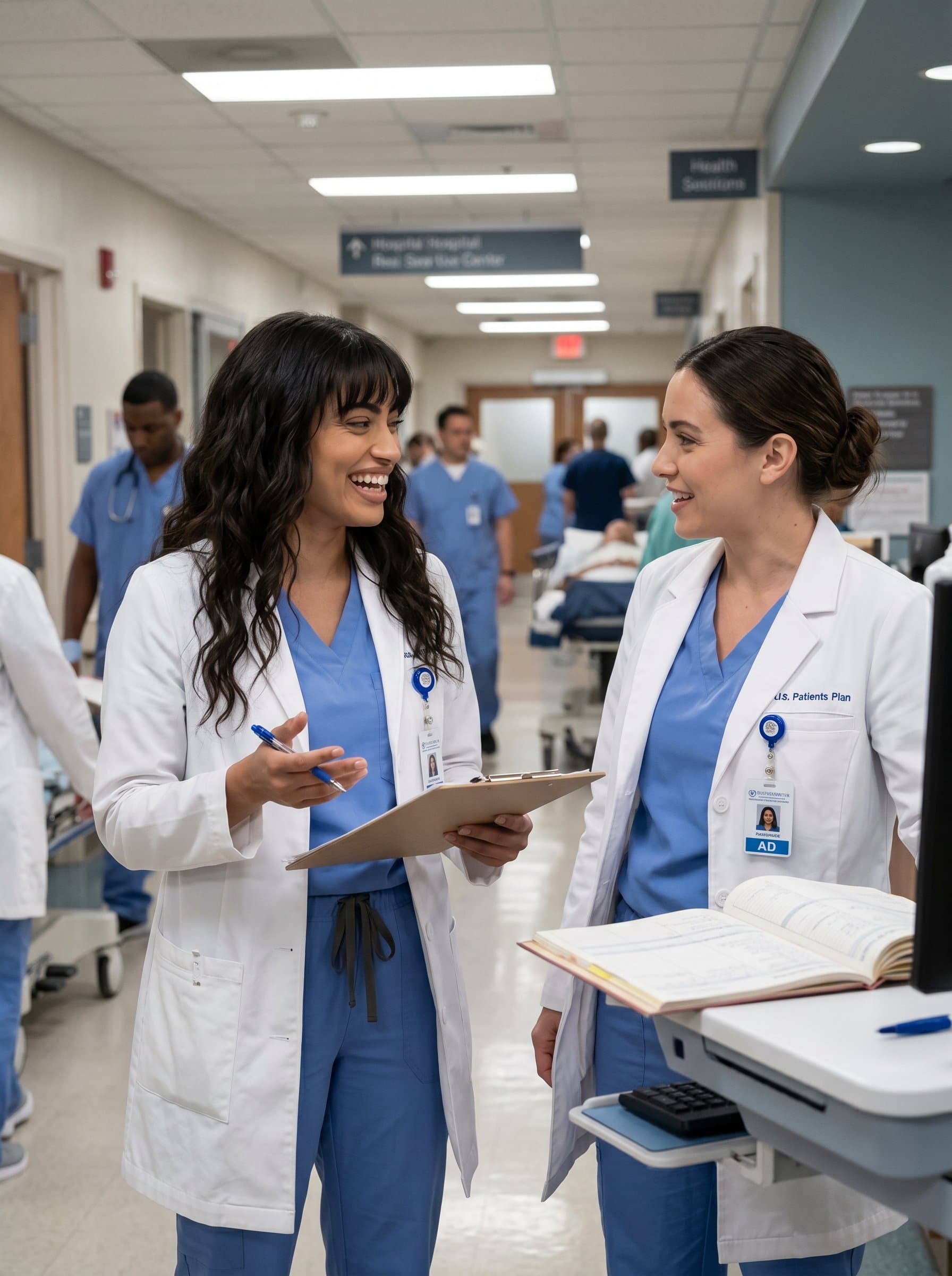 In a bustling hospital hallway, captured mid-conversation with a peer, showcases their teamwork skills and communicative nature, wearing professional attire, ready to take on the challenges of residency.