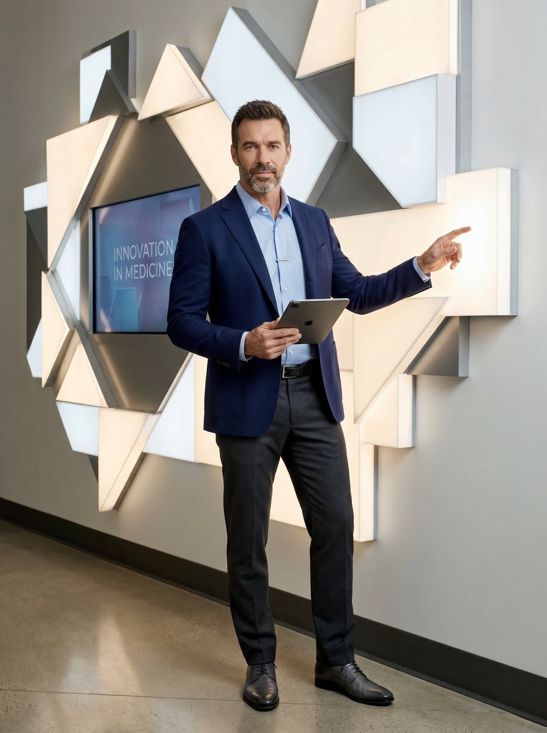 positioned in front of an abstract art installation, sports a sleek outfit, embodying innovation and a forward-thinking mindset, qualities that are invaluable for a progressive medical residency.