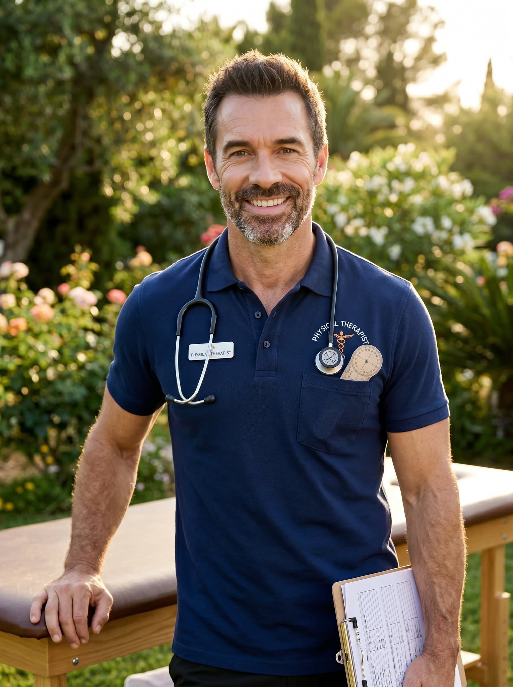 Capture the of a physical therapist, exuding trust and competence. The setting is an outdoor garden, bathed in golden hour sunlight, emphasizing their approachable demeanor against a backdrop of lush greenery.