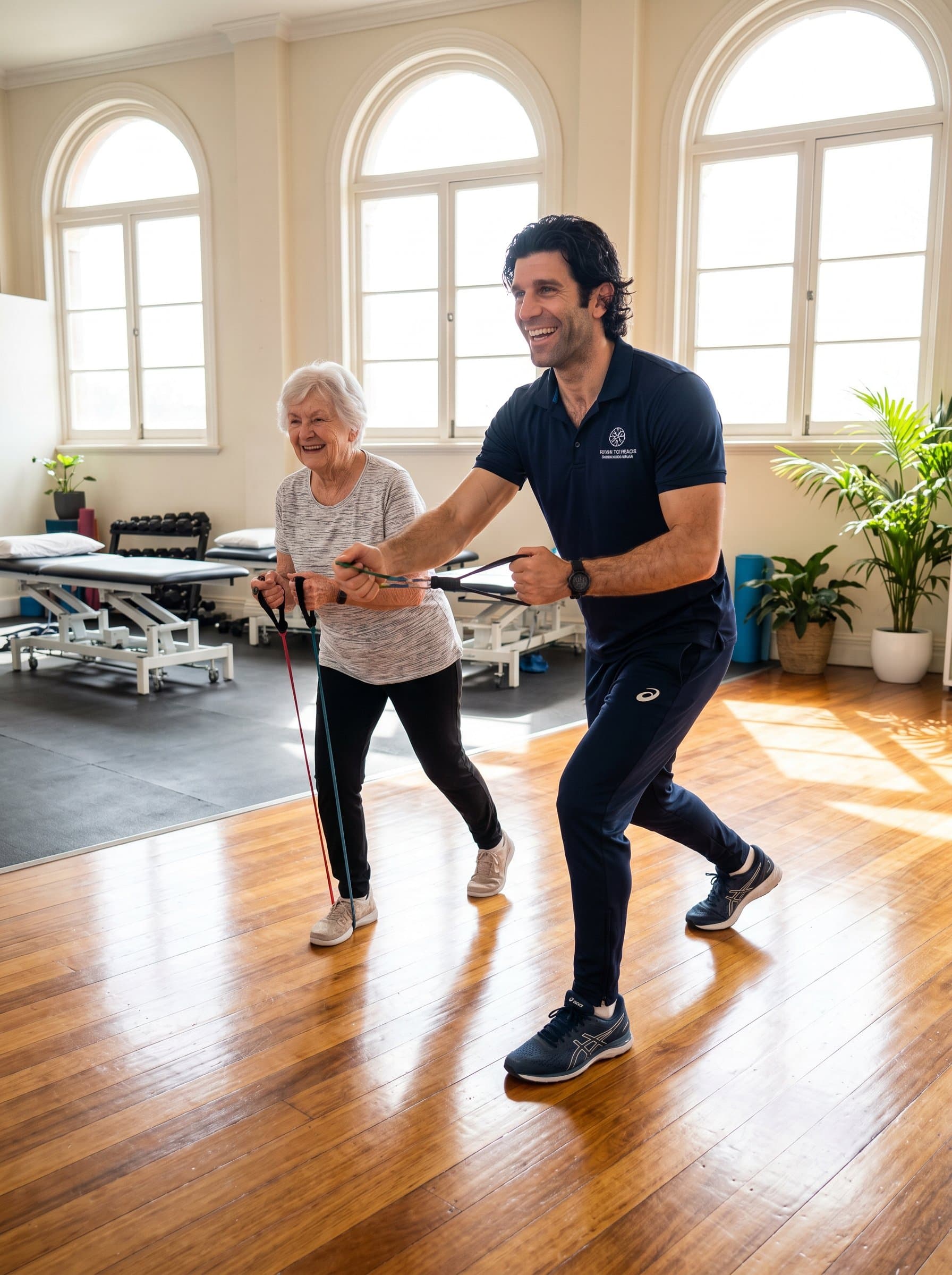 The of a physical therapist is depicted in a sunlit gym, showcasing their dynamic energy and enthusiasm. Natural light streams through high windows, reflecting off polished wooden floors.