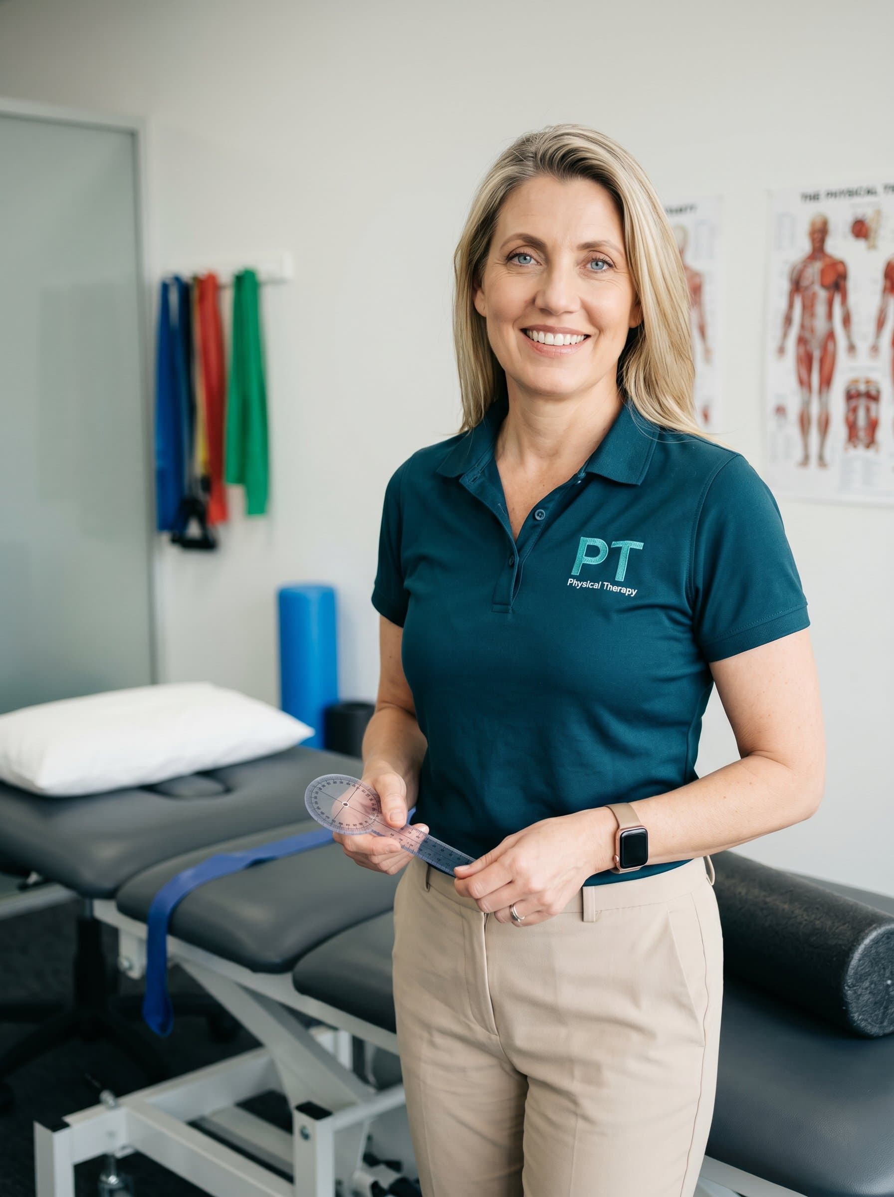 In a sleek, modern clinic, the of a physical therapist is illuminated by soft, natural lighting. The woman wears a welcoming expression, surrounded by subtle hints of therapeutic tools, enhancing their expertise.