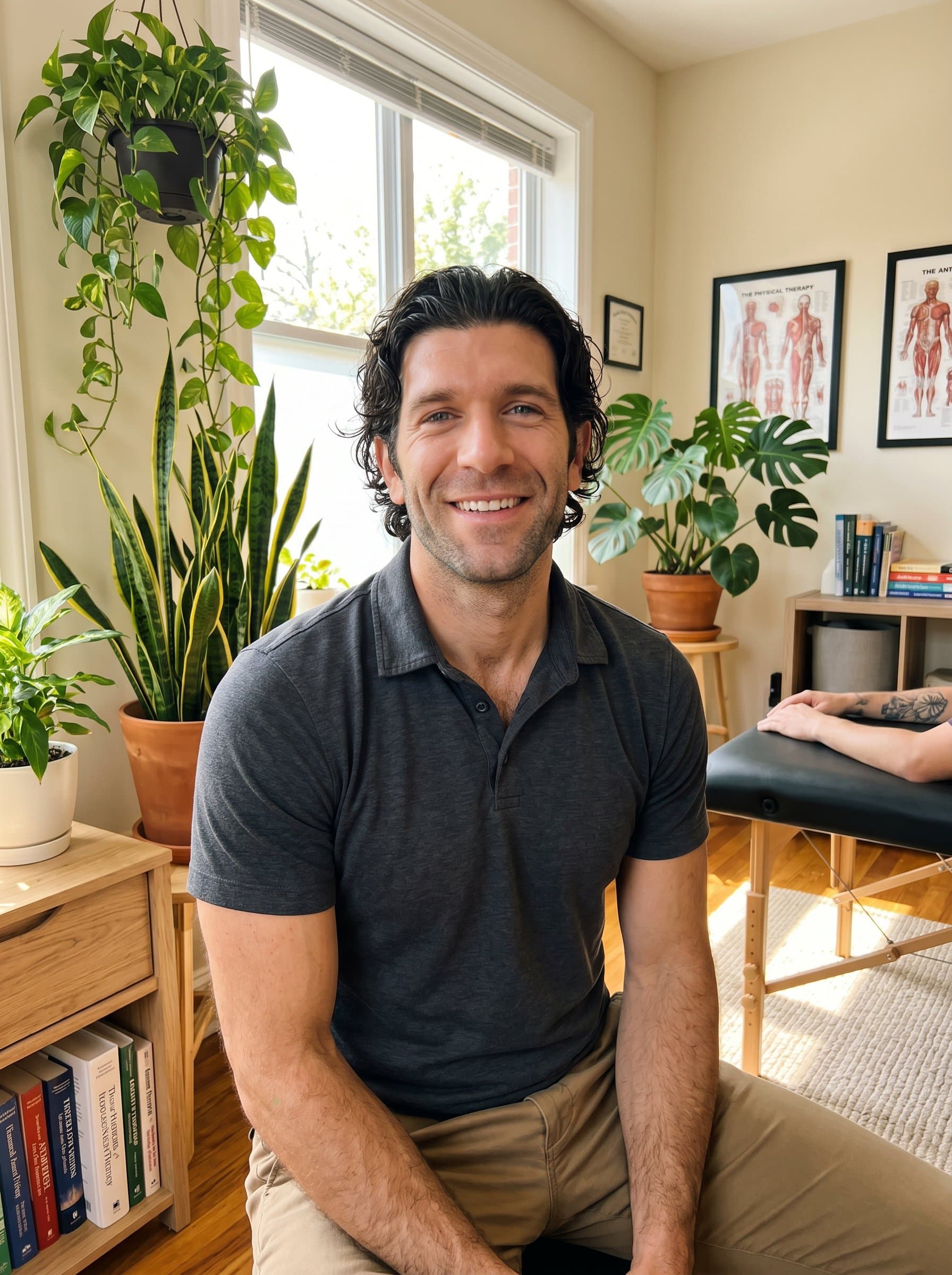 The of a physical therapist beams in a cozy office space, adorned with plants and soft, natural colors. Their compassionate smile and relaxed posture convey warmth and assurance to clients.