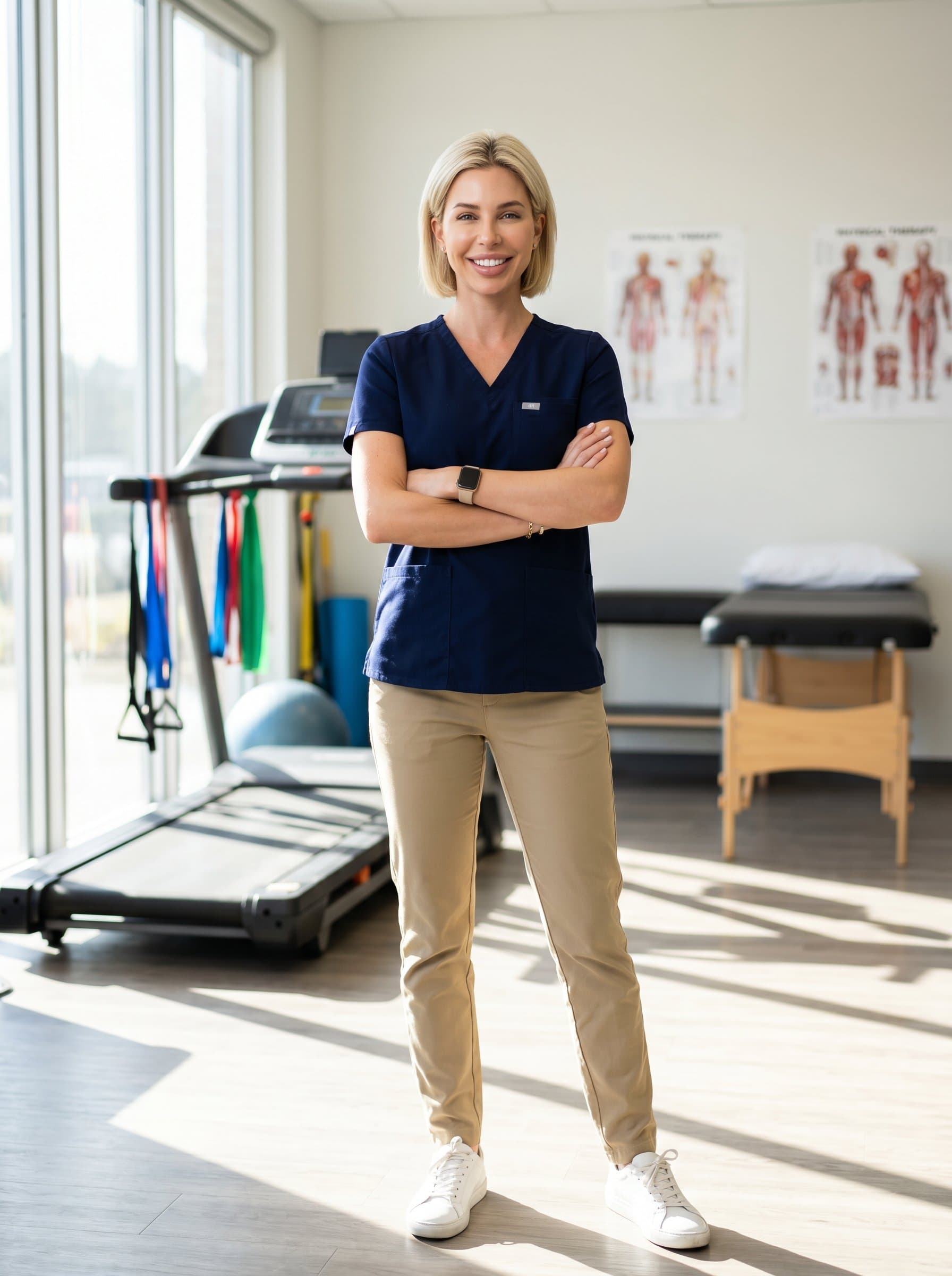 A gender-neutral physical therapist stands confidently in a bright therapy room, the smiling gently. Natural sunlight filters through large windows, highlighting their professionalism and warmth, with therapy equipment subtly blurred in the background.