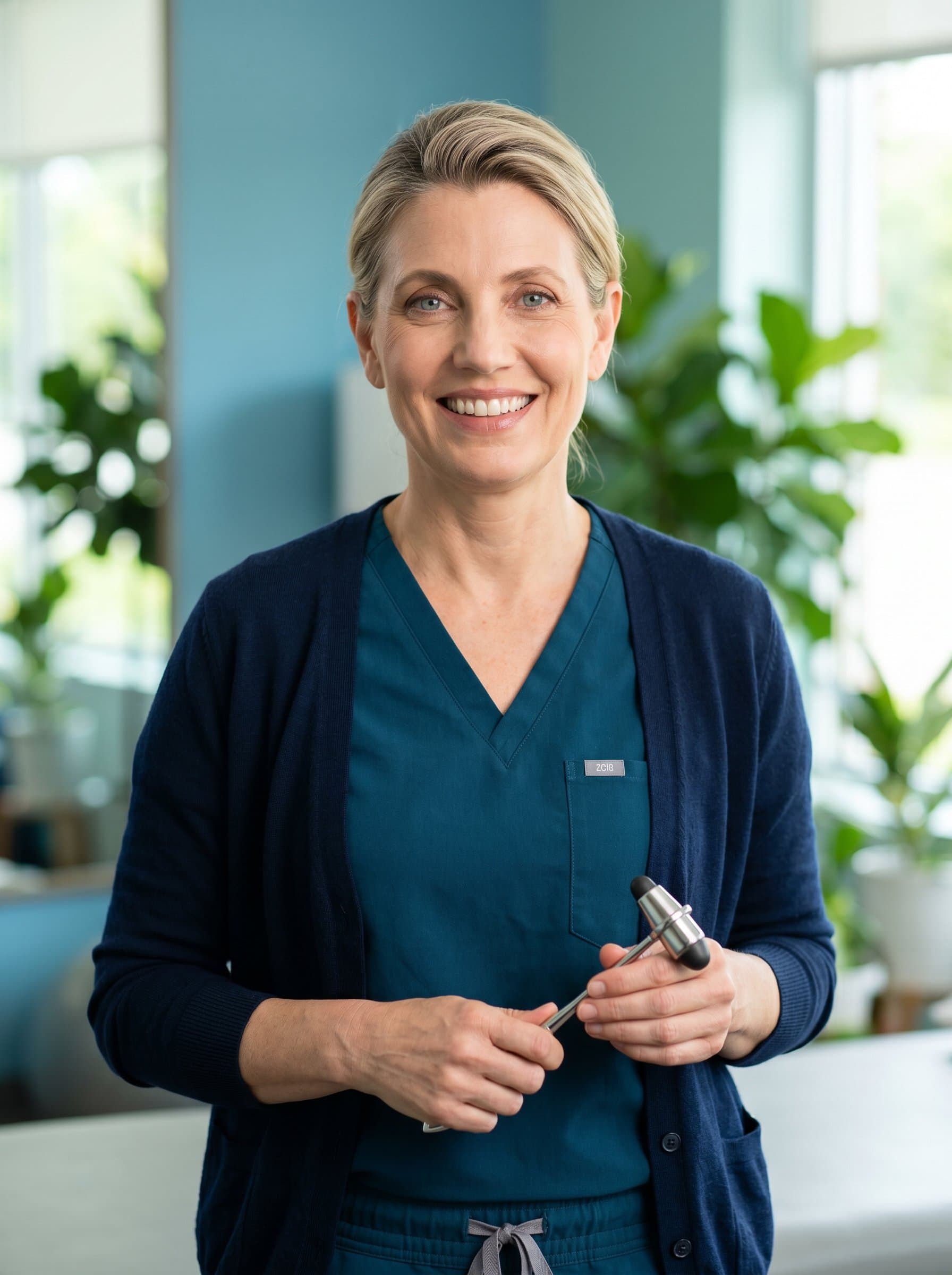 Present the of a physical therapist against a softly lit backdrop of calming blues and greens. Their open expression and relaxed pose suggest empathy and professionalism in equal measure.