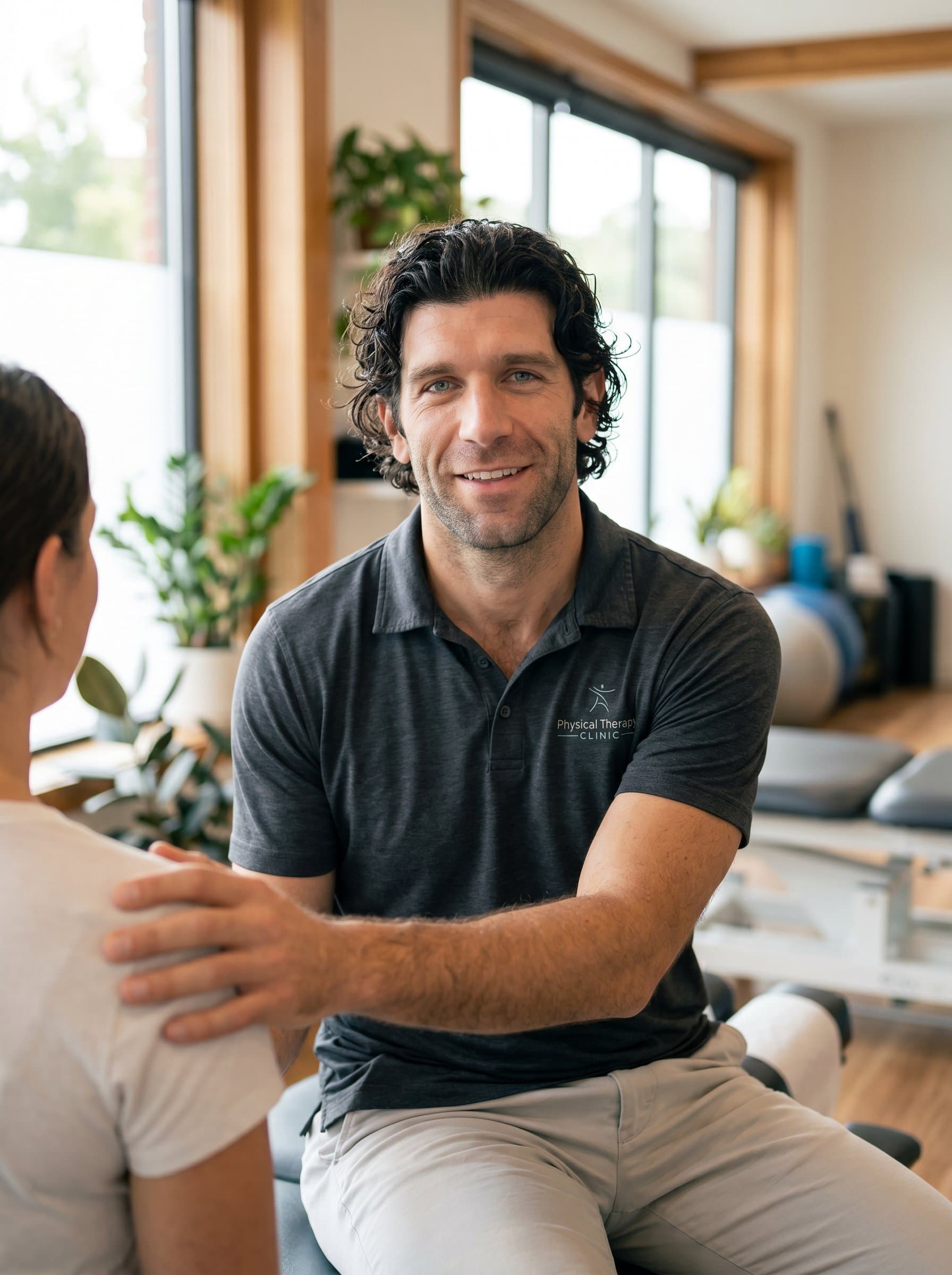 In a serene indoor space filled with natural light, capture the of a physical therapist. Their welcoming demeanor and casual elegance foster a sense of calm and approachability.