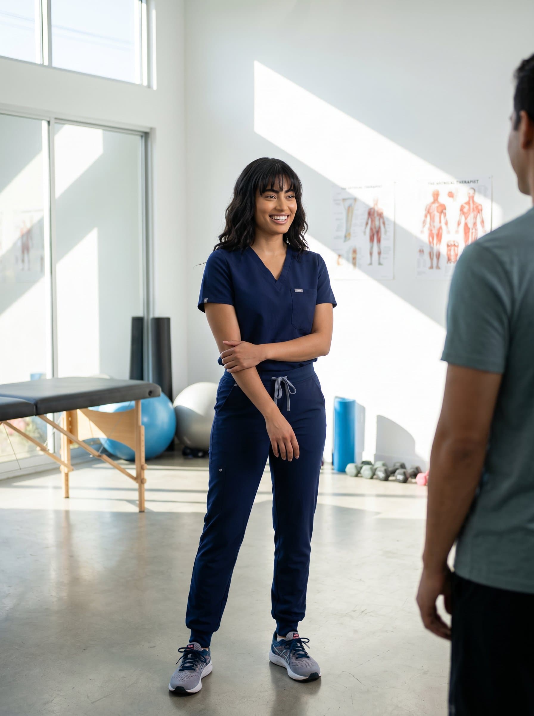 Photograph the of a physical therapist in a spacious therapy room, where sunlight dances across white walls. Their poised stance and genuine smile communicate competence and friendliness.