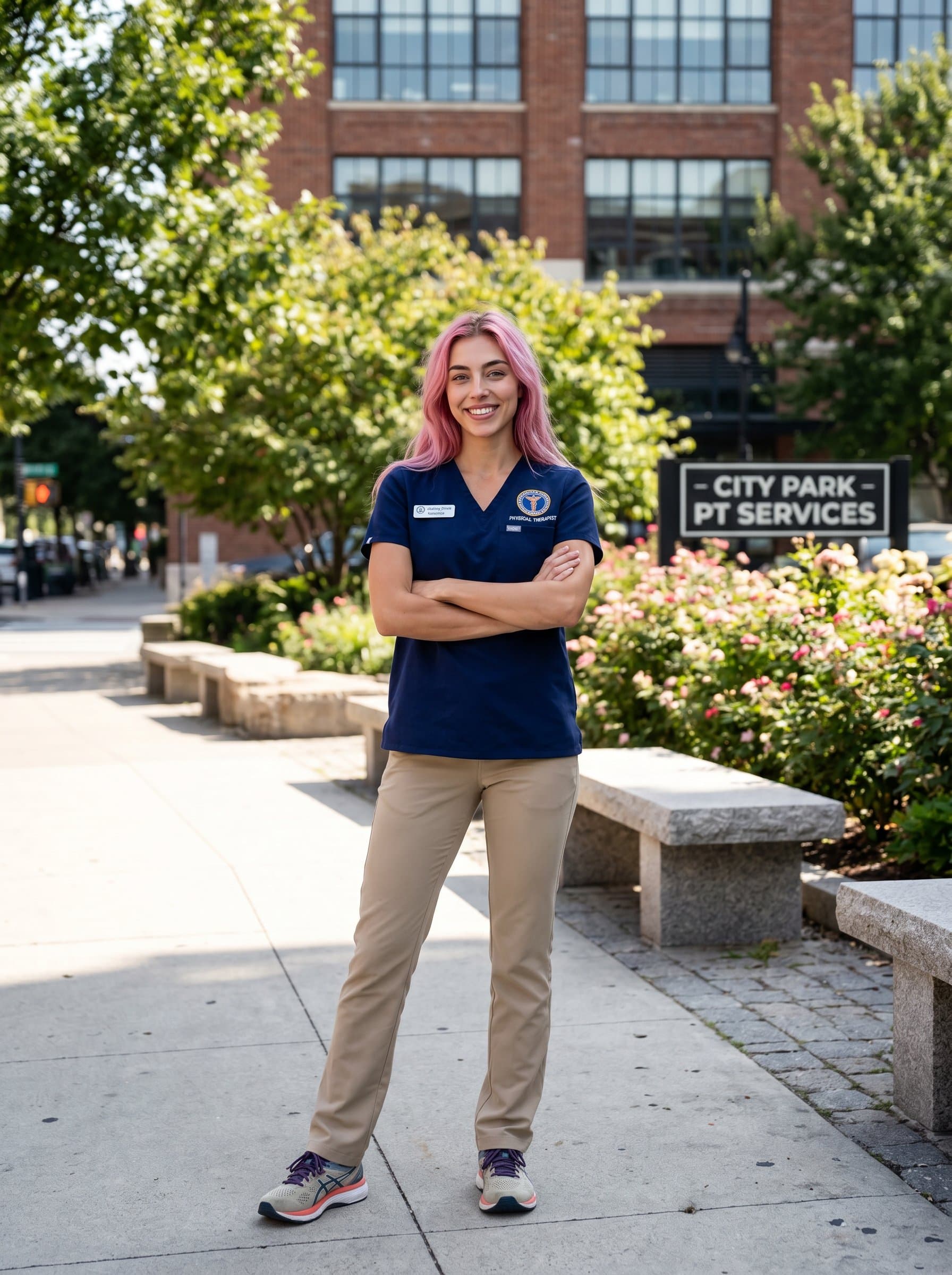 Render a physical therapist with the in an urban outdoor setting. The professional's confident stance and engaging smile radiate warmth and accessibility, framed by city greenery.