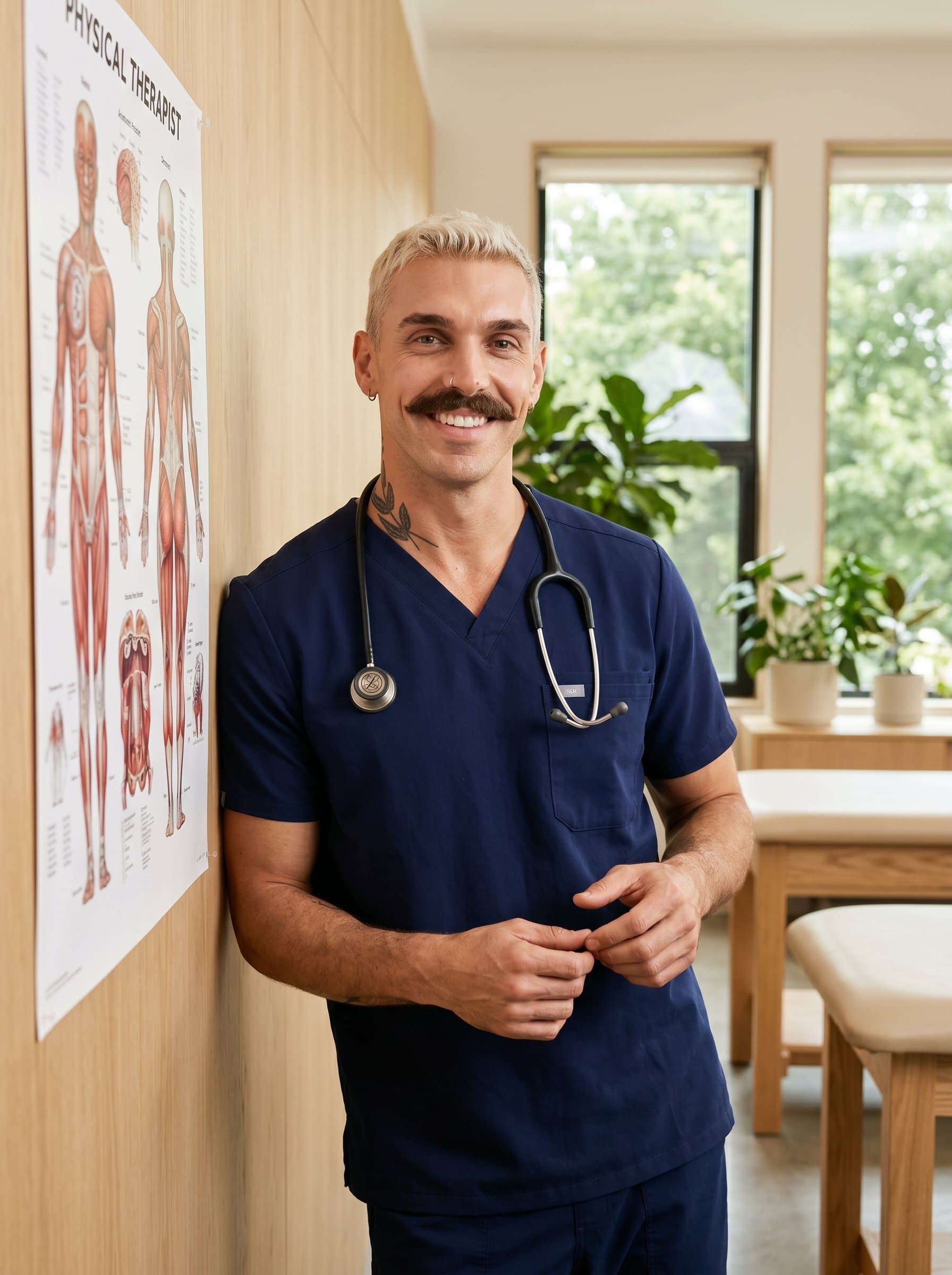 Spotlight the of a physical therapist in a peaceful, wood-accented environment. Their bright expression and casual yet professional posture contribute to an overall sense of trust and expertise.