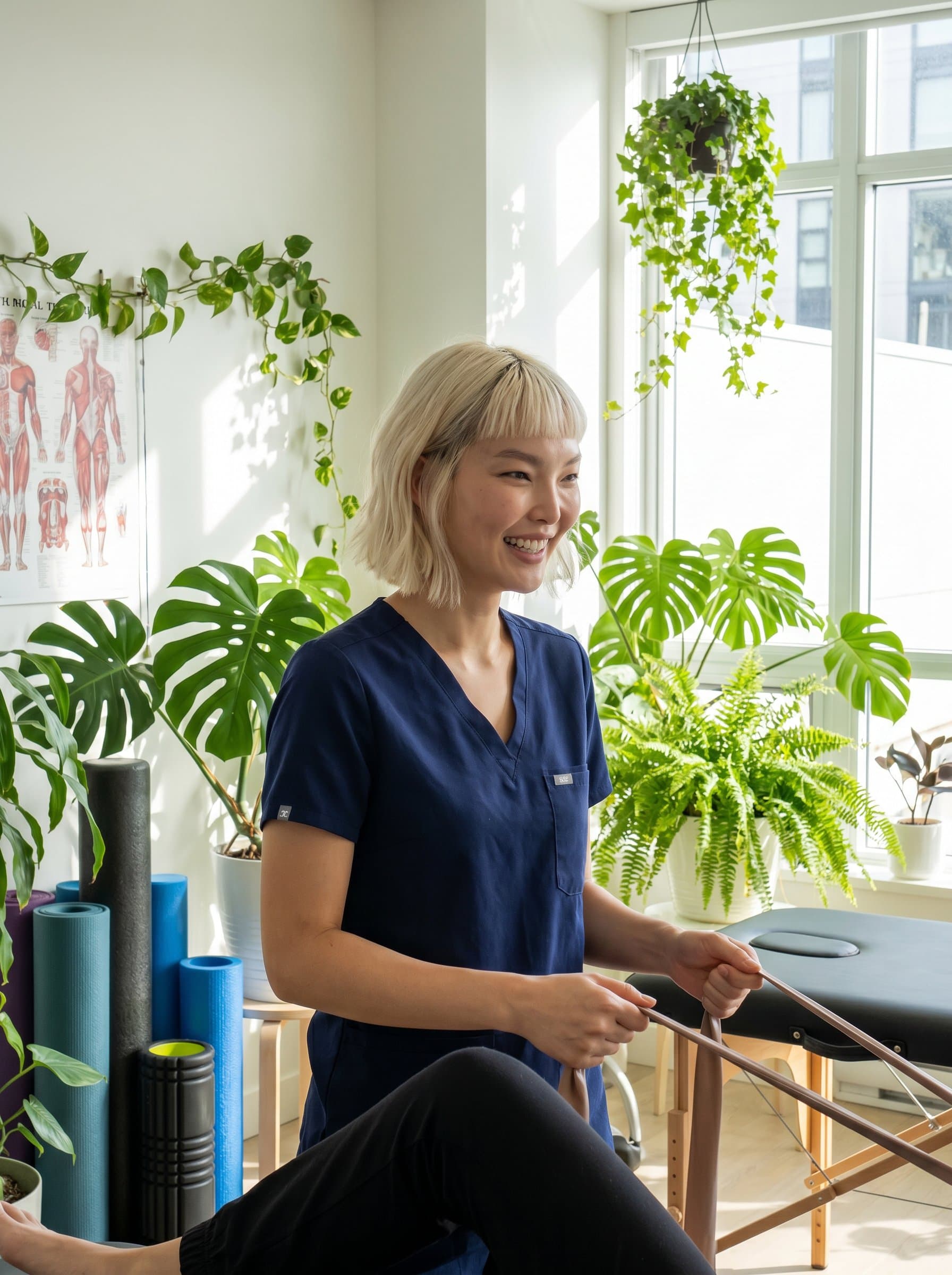A physical therapist's is pictured in a vibrant indoor plant-filled studio. Natural light casts soft shadows, and their warm expression projects both enthusiasm and a nurturing presence.