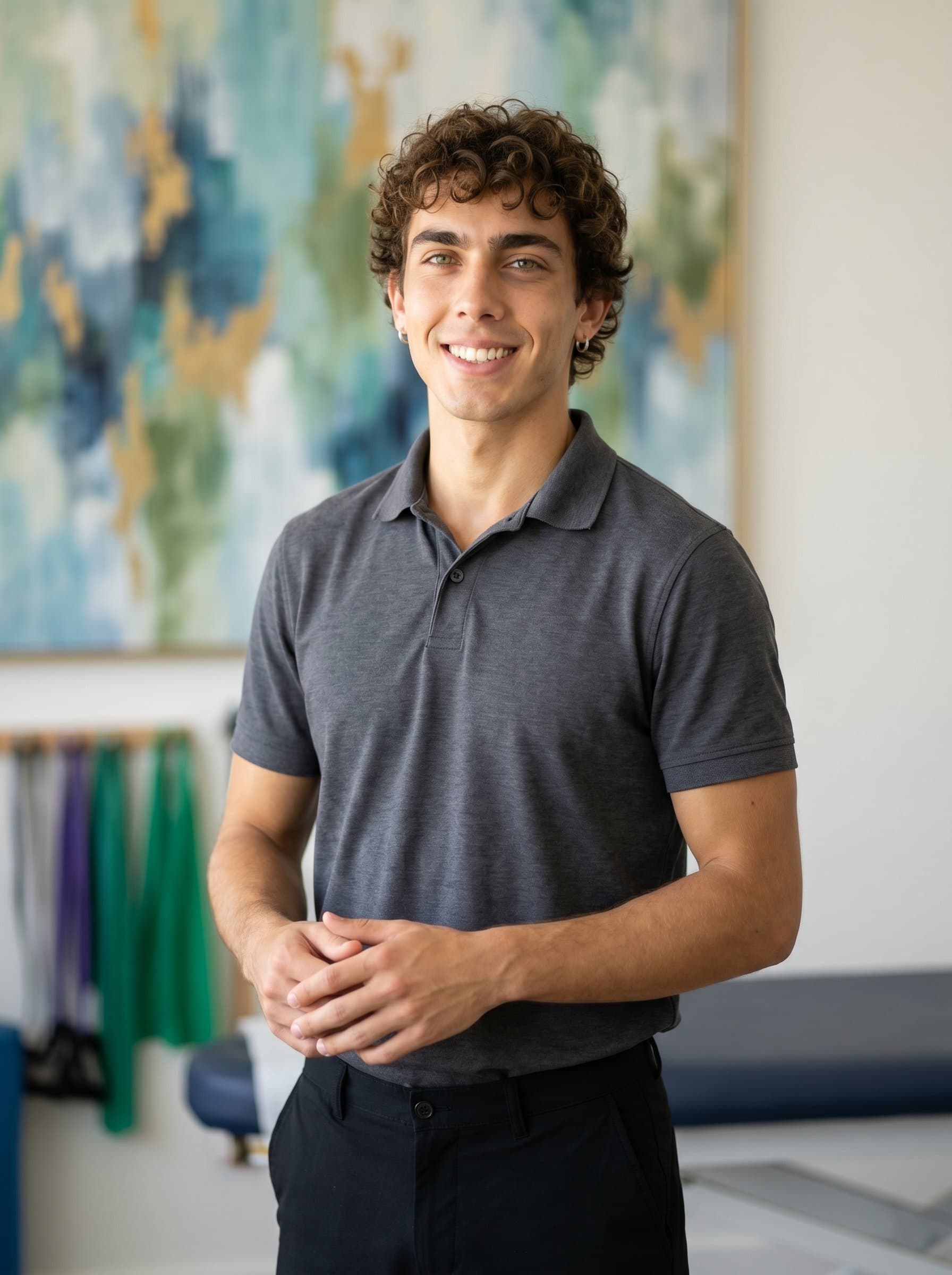 Showcase the of a physical therapist standing against a backdrop of abstract art and soft lighting. Their friendly smile and poised posture reflect a creative yet professional approach.
