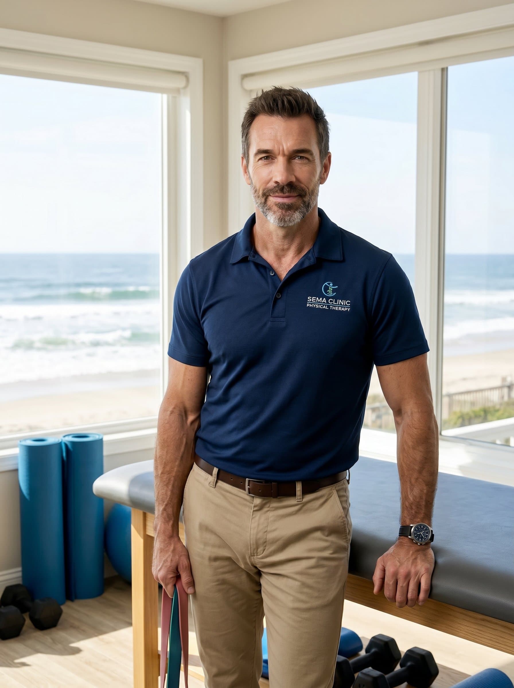 Visualize the of a physical therapist amidst a sunlit, coastal therapy room. Gentle waves and natural light complement their confident demeanor, creating a setting of peace and reliability.