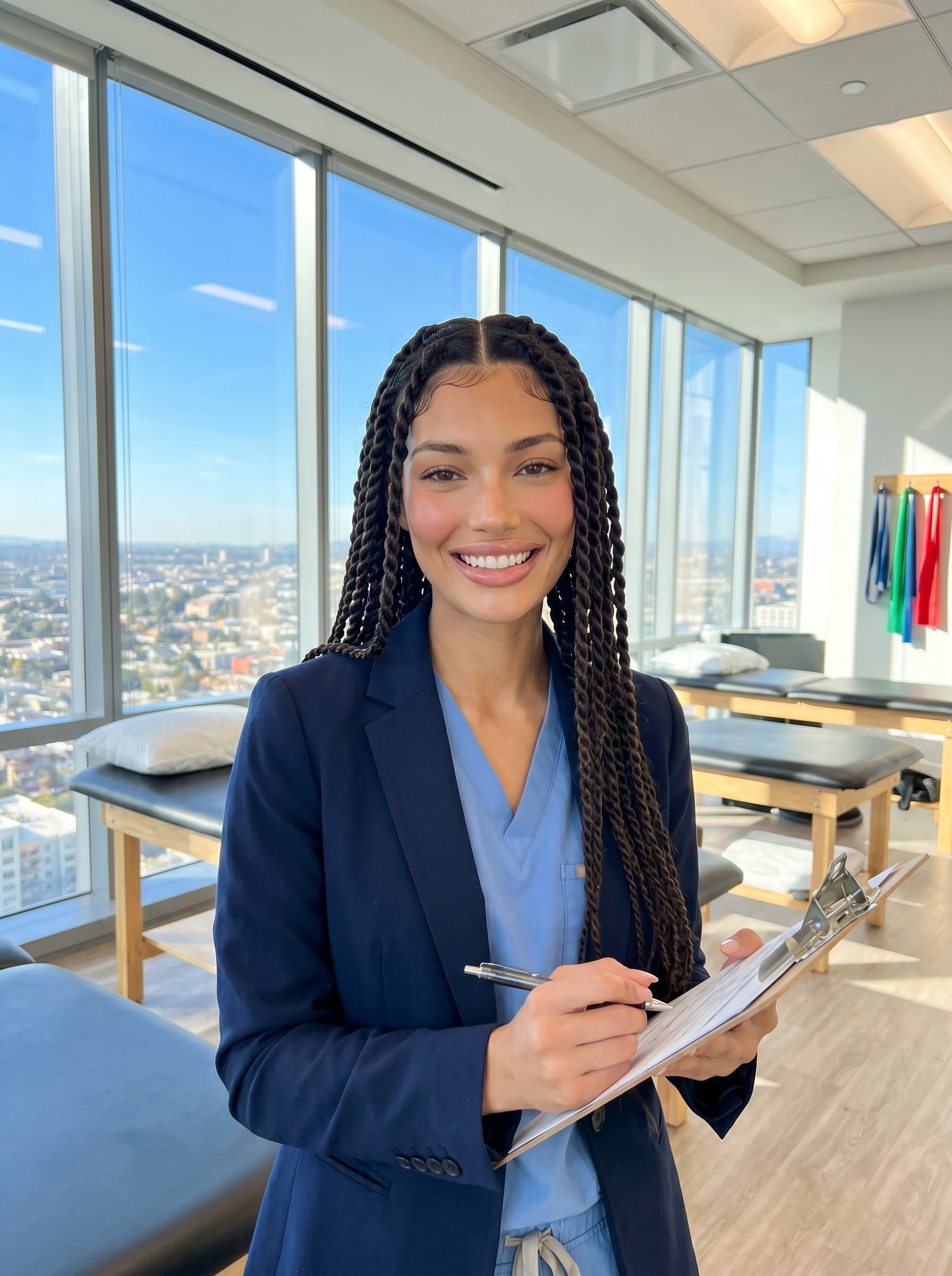 Envision the of a physical therapist in a chic, light-filled office. The backdrop of a cityscape through large windows highlights their confidence, with a focus on their engaging smile.