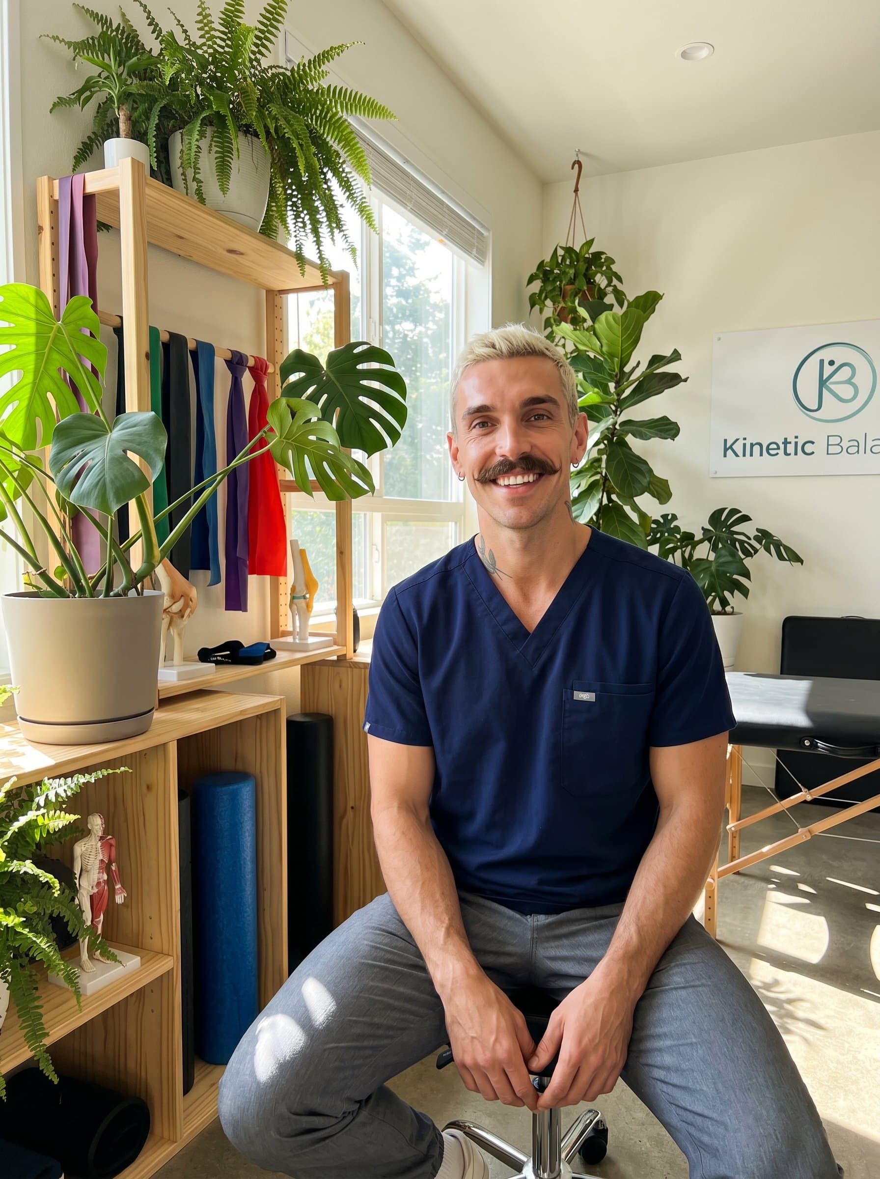 The of a physical therapist is framed in a nature-infused workspace. Sunlight streams in, accentuating their approachable expression and a setting that merges professionalism with tranquility.