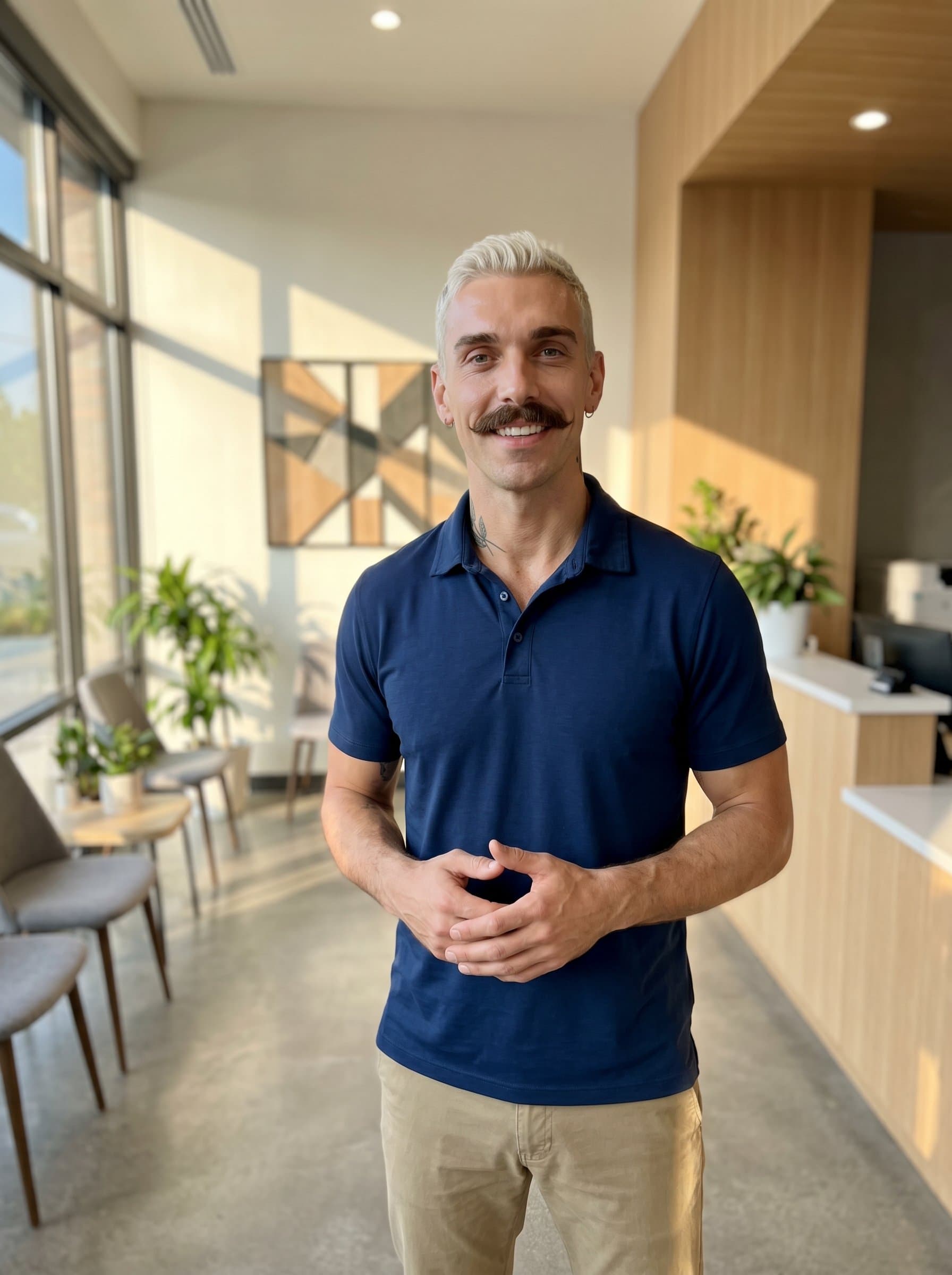 Feature the of a physical therapist in a contemporary, sunlit waiting area. Their serene smile and open stance against a backdrop of modern design elements inspire confidence and approachability.