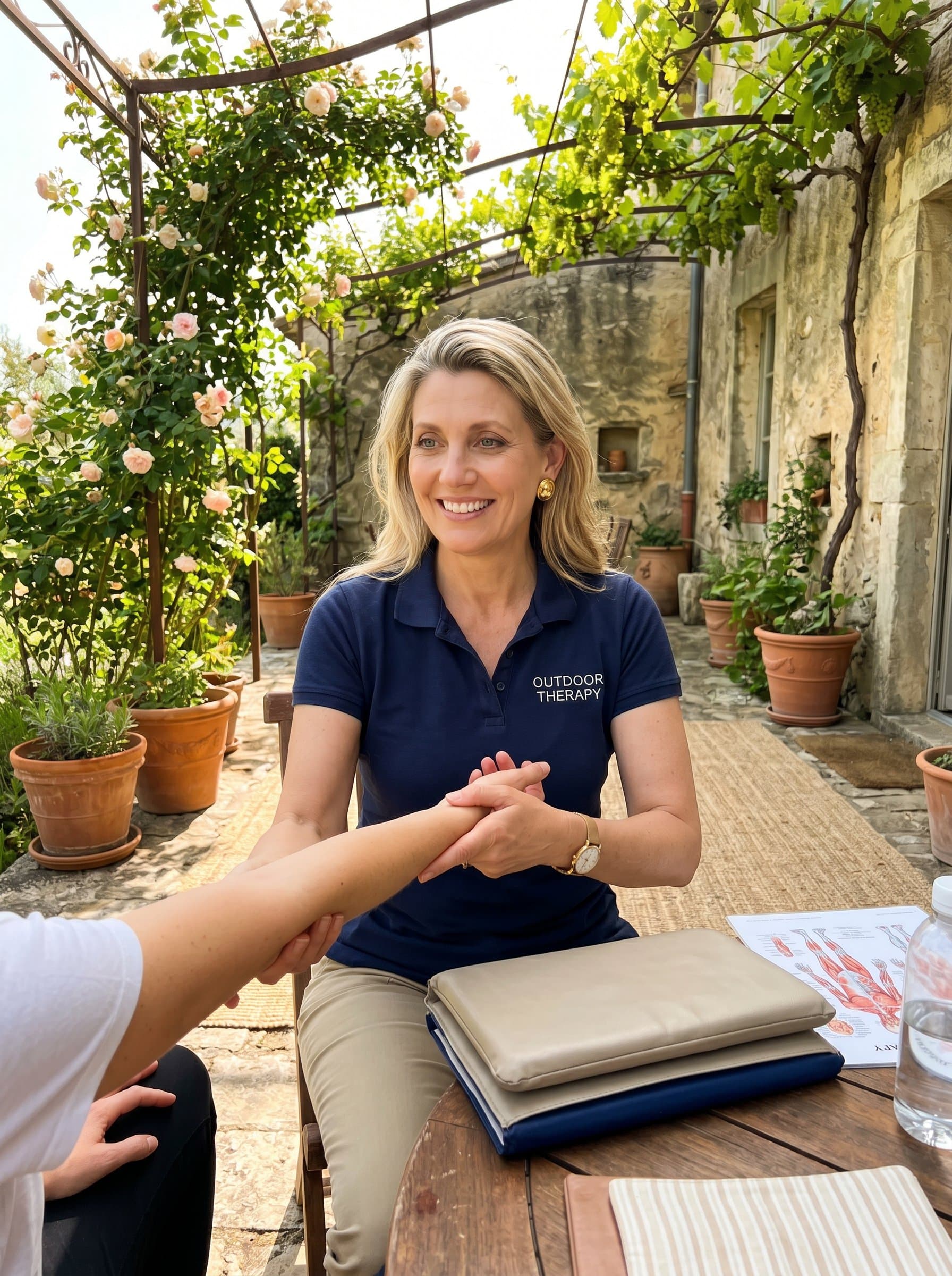 Portray the of a physical therapist at a quaint, sun-drenched patio. The combination of rustic charm and the professional's engaging smile conveys relaxation and trust.