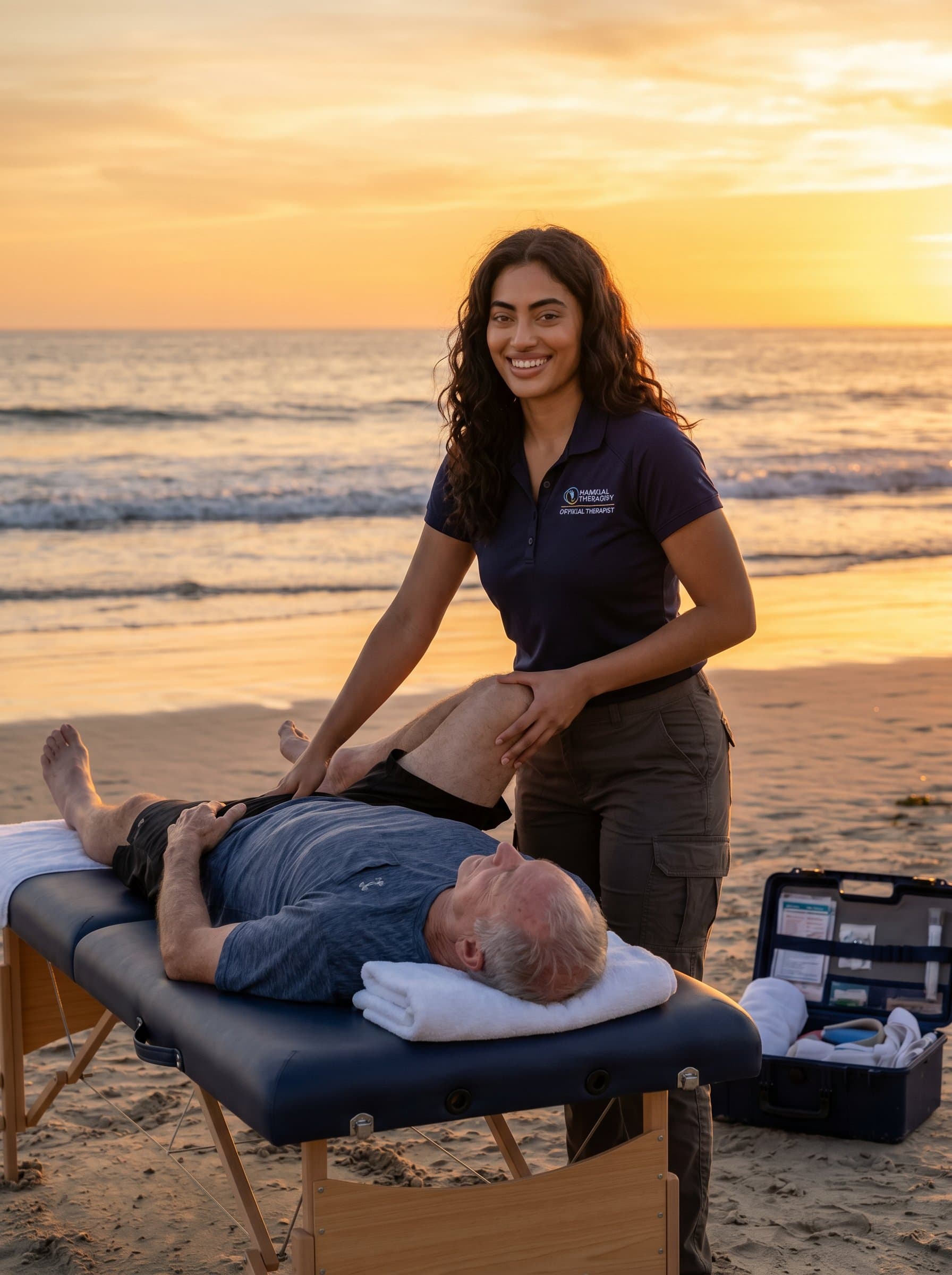 Capture the of a physical therapist at a beachside setting during sunset. The warm glow and serene waves enhance their calm demeanor and the sense of reliability they exude.