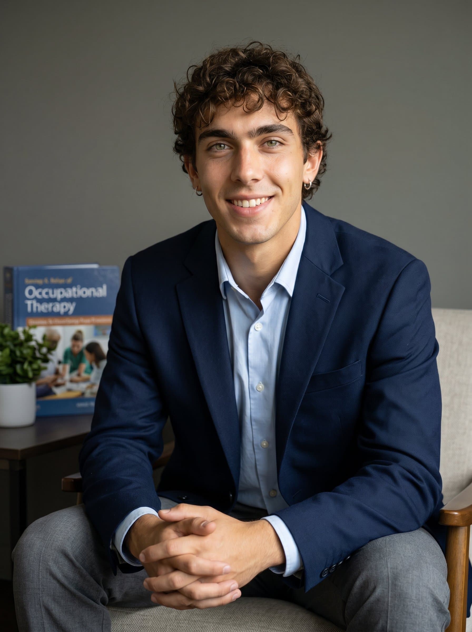 Portrait of a occupational therapist with a welcoming smile, seated comfortably with hands clasped. A gentle light illuminates their face against a muted gray backdrop, emphasizing their empathetic nature and expertise.