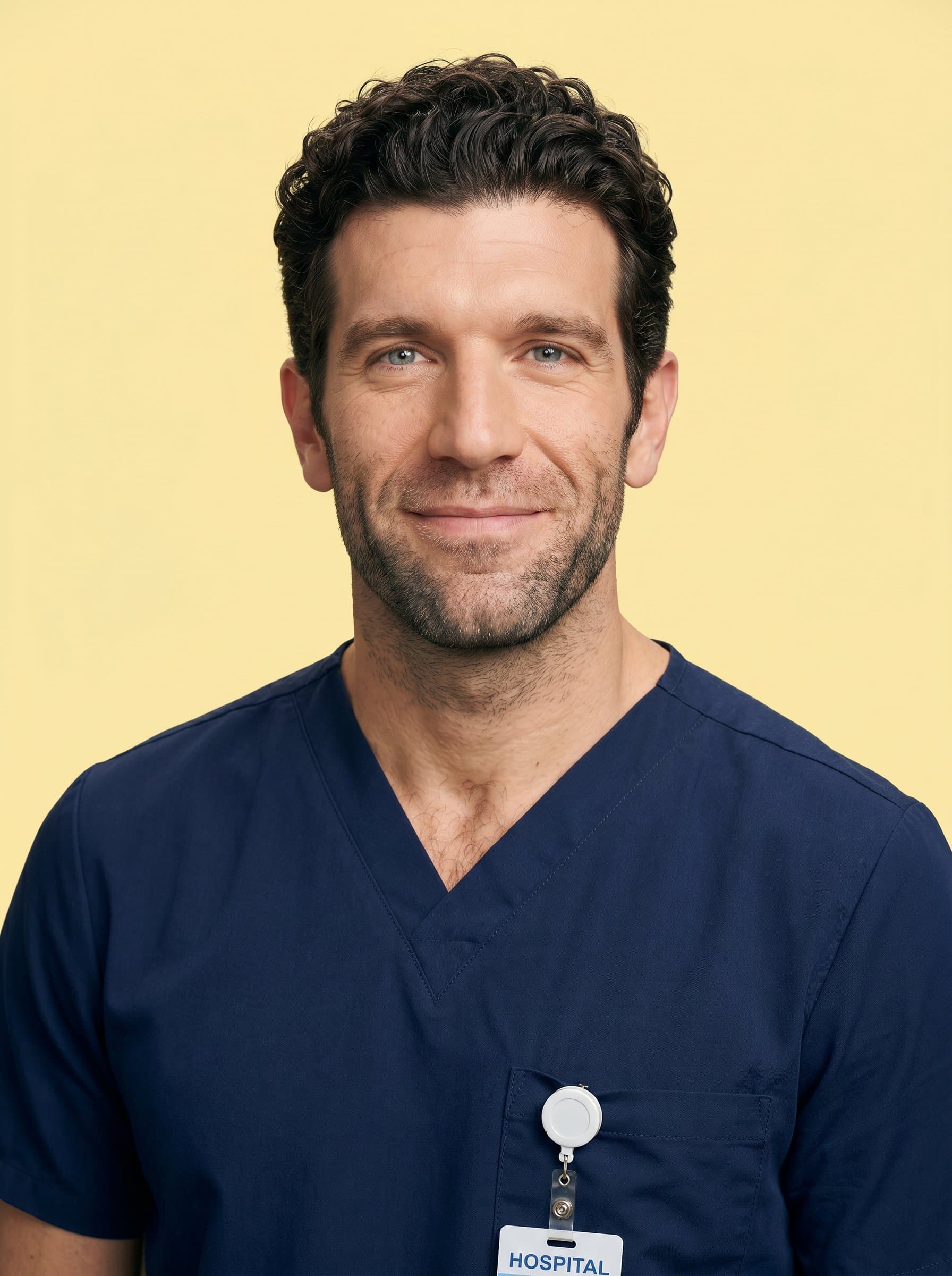 A occupational therapist, with neatly styled hair and a gentle expression, against a soft pastel yellow background. The therapist's genuine demeanor suggests reliability and expertise.