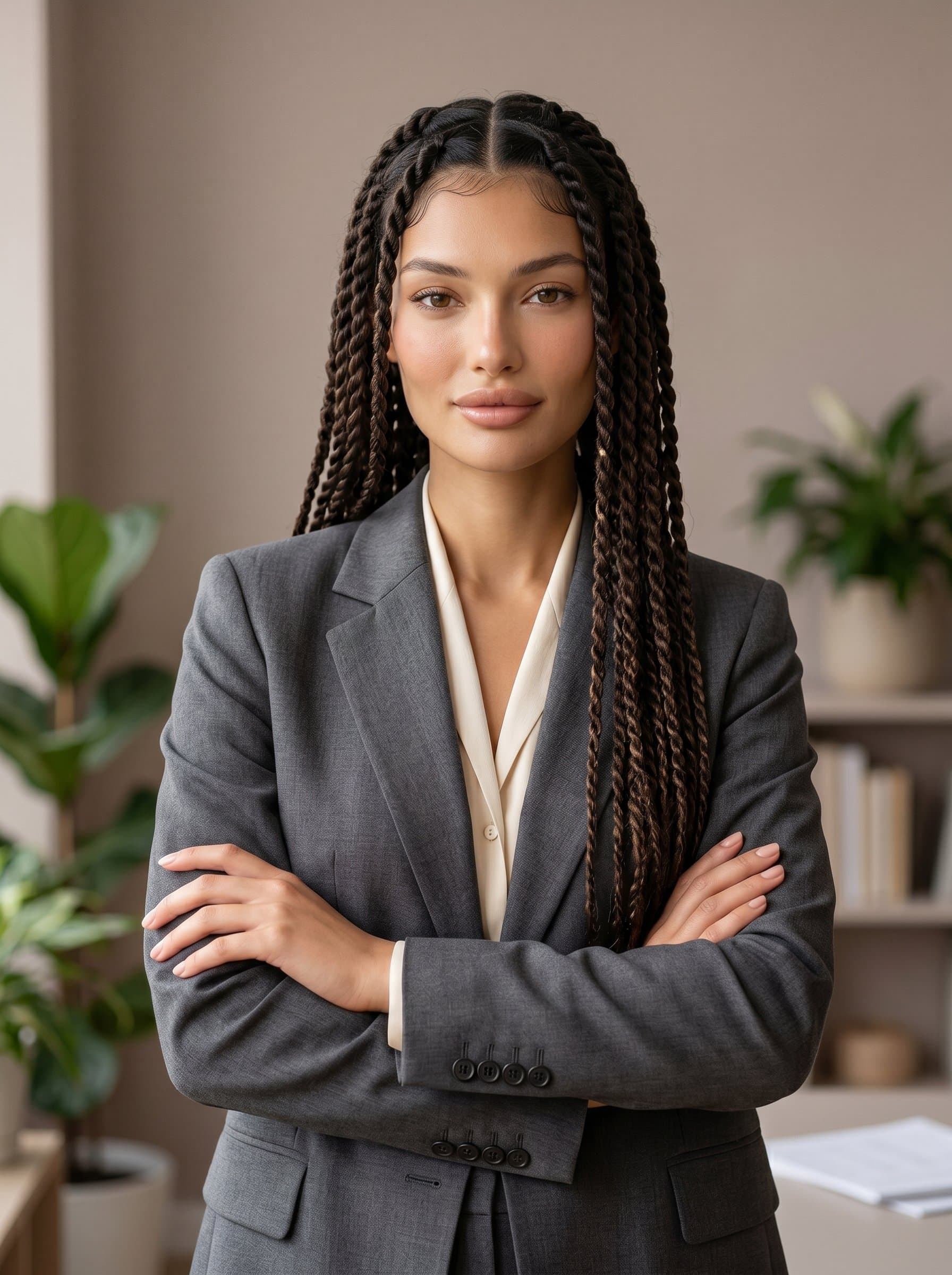A therapist in a tailored blazer, standing with arms gently crossed. The soft taupe background offers a professional and composed ambiance, highlighting their dedication to patient care.
